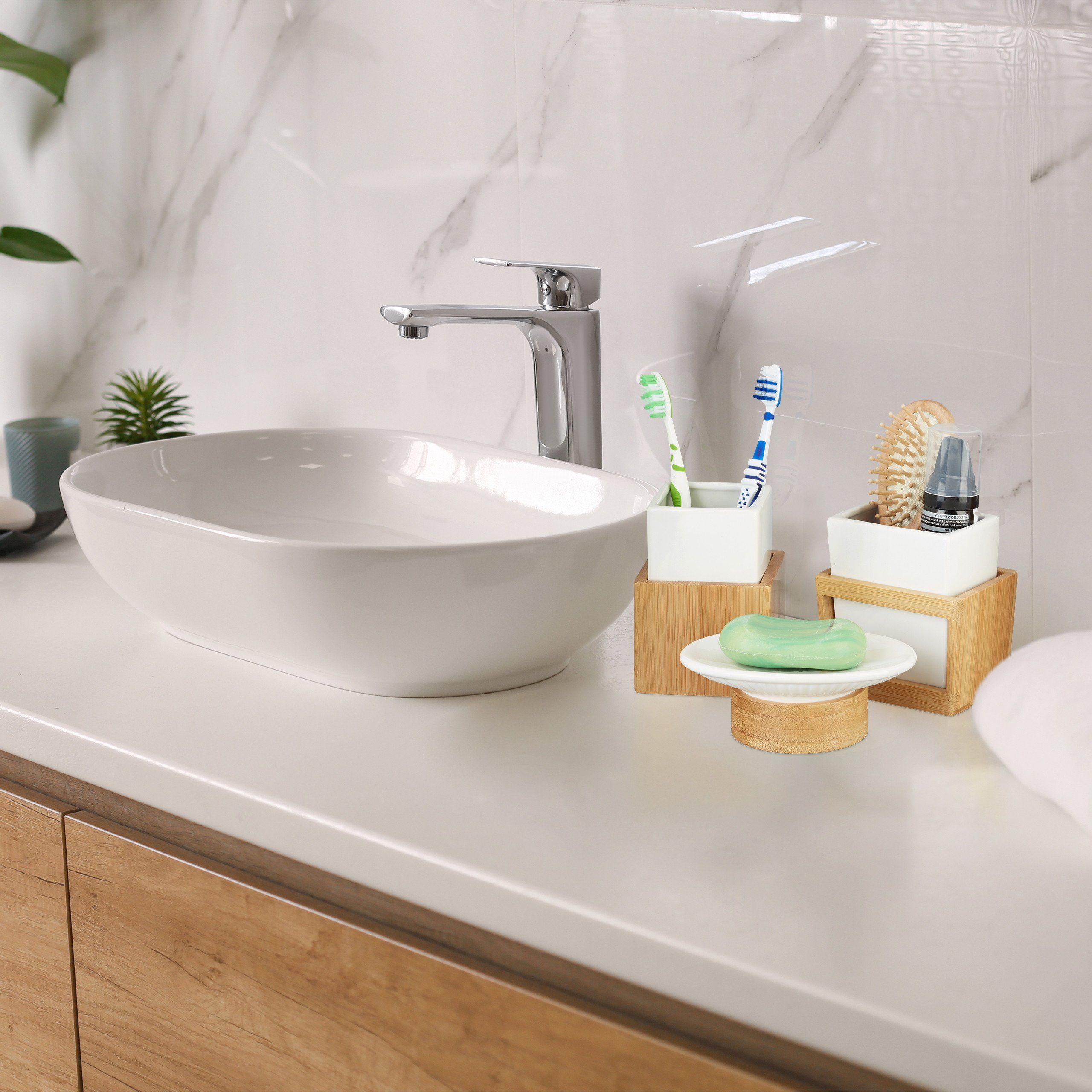 relaxdays Badezimmer-Set aus Bambus und Keramik, (4-St) – Bild 5 von 5
