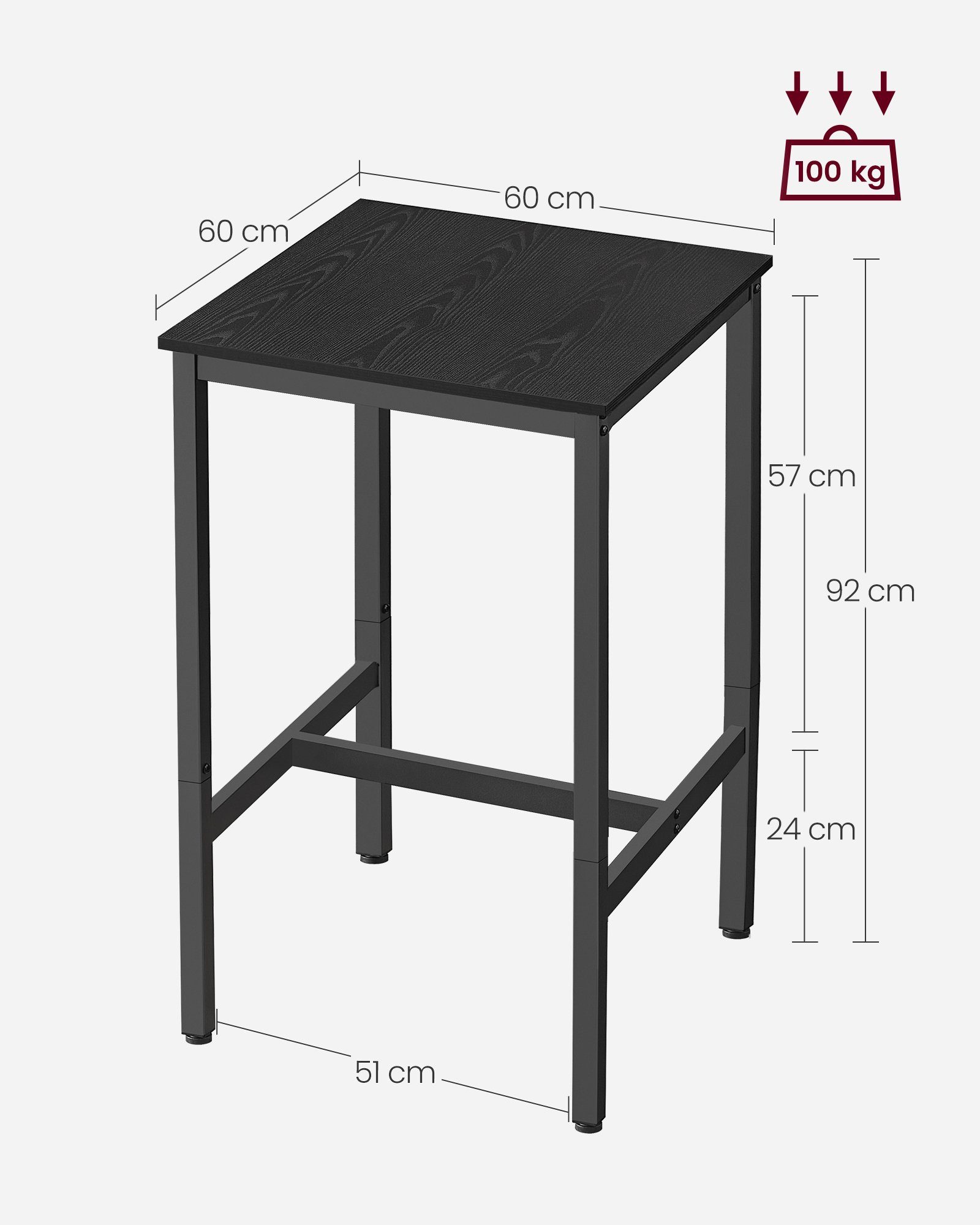 60 Bartisch x Ebenholzschwarz-Schwarz 92 x VASAGLE Küchentisch, 60 Stehtisch, cm