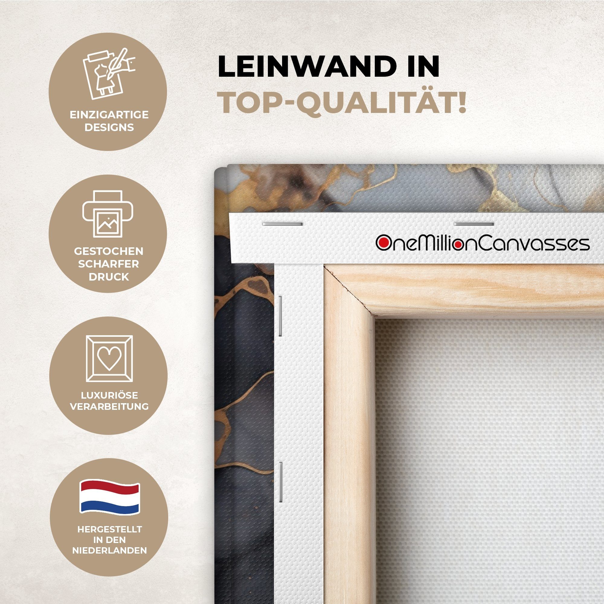 OneMillionCanvasses® Leinwandbild Marmor - Schwarz - Gold - Weiß, Fotodruck (1 St), Leinwand Bilder Klein, Wand Dekoration Aesthetic 30x20 cm