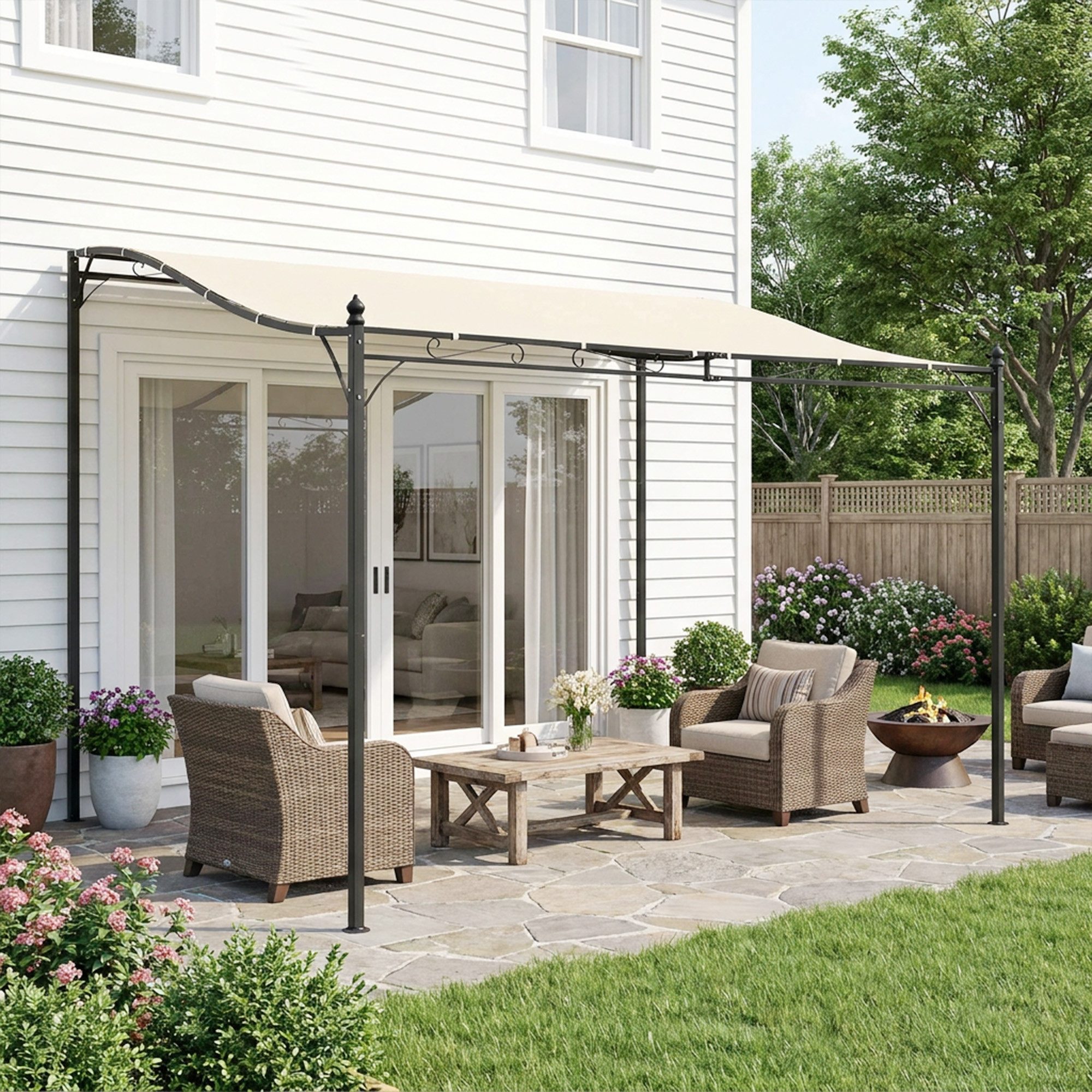 Outsunny Pavillon Pergola Überdachung Zelt Metall 297x297cm, mit 4 Seitenteilen, (Pergola, Gartenpavillon), für Garten, Balkon, Creme