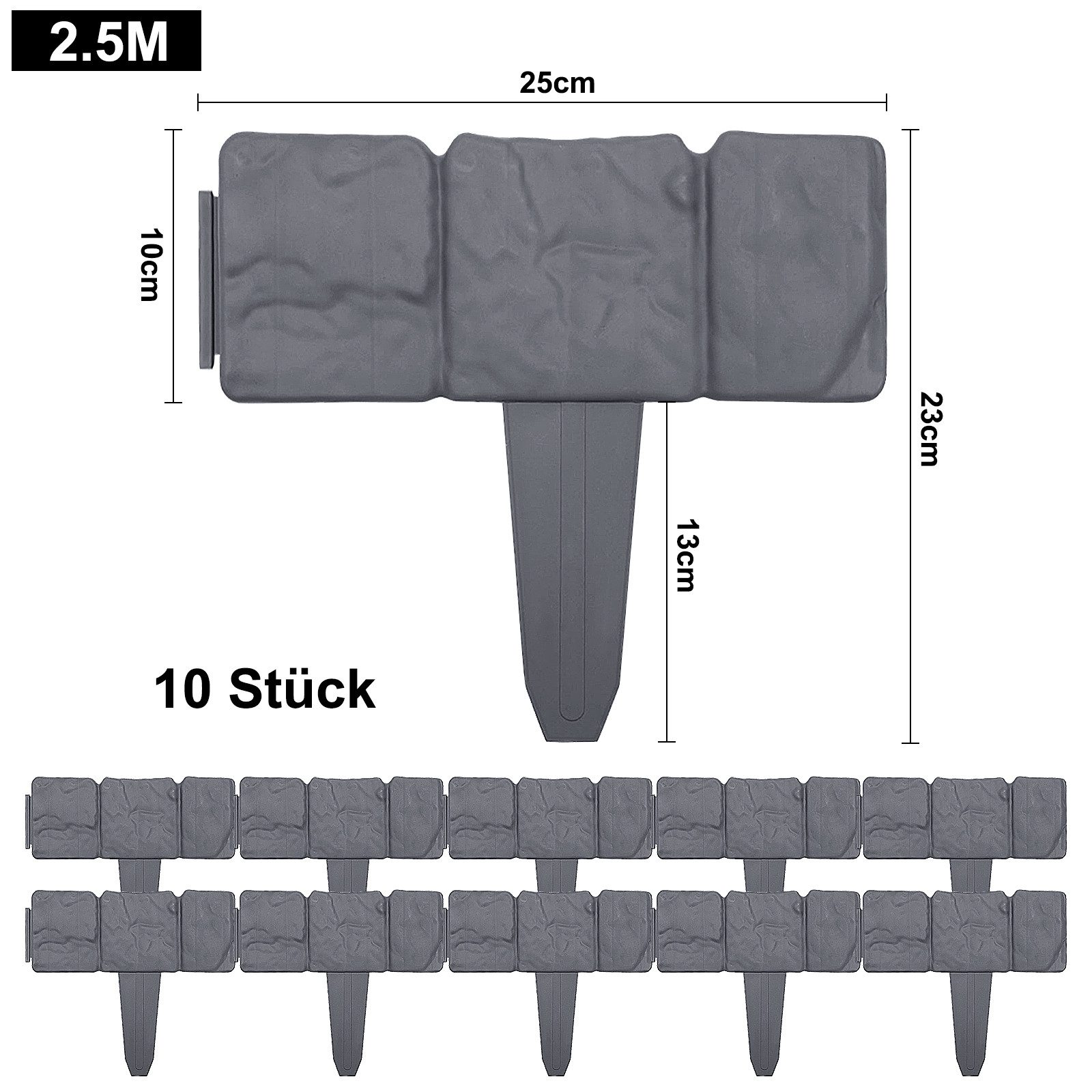 FIVMEN Beetumrandung Rasenkante Kunststoff Steinoptik Palisade aus Polypropylen, Mähkante dekorativ für Garten, 1 Element BxHxT: 25x23x1cm – Bild 2 von 5
