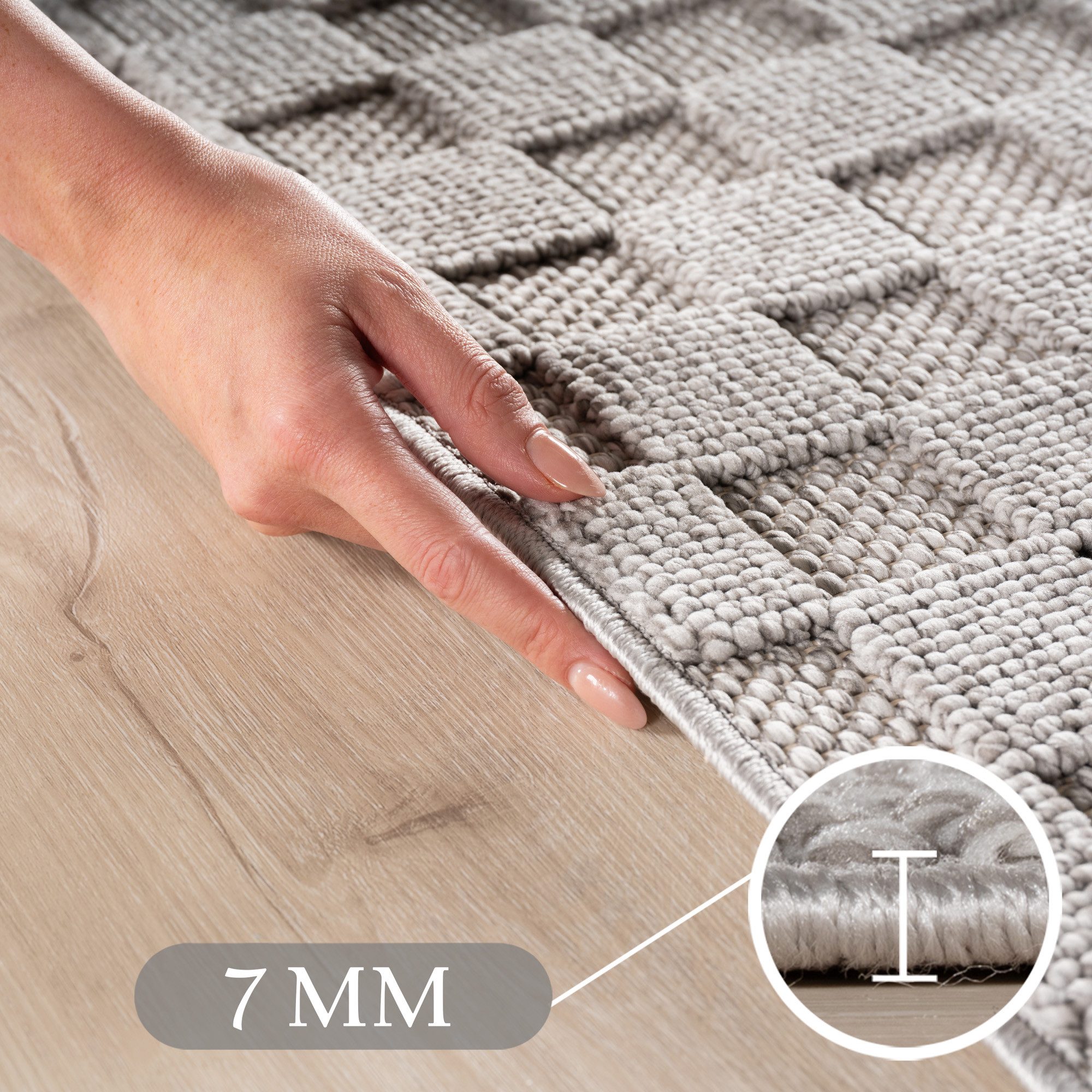 Teppium Teppich Bouclé-Teppich im skandinavischen Stil mit Karomuster, Rechteckig, Höhe: 20 mm, Kurzflor Schlingen Teppich Grau Boucle-Loop Wohnzimmer Teppich