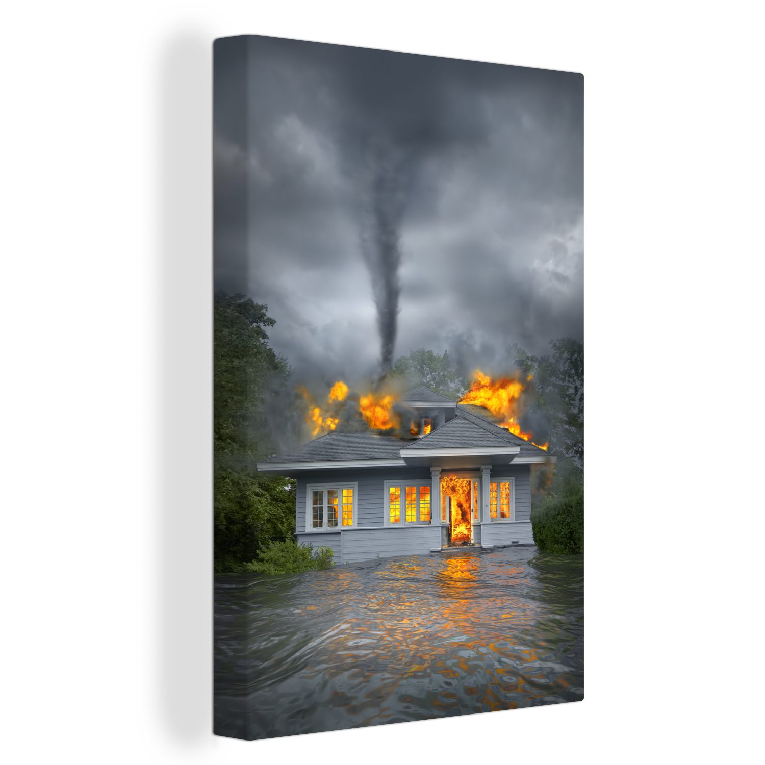 OneMillionCanvasses® Leinwandbild Ein Haus steht in Flammen und ein Tornado, (1 St), Leinwandbild fertig bespannt inkl. Zackenaufhänger, Gemälde, 20x30 cm