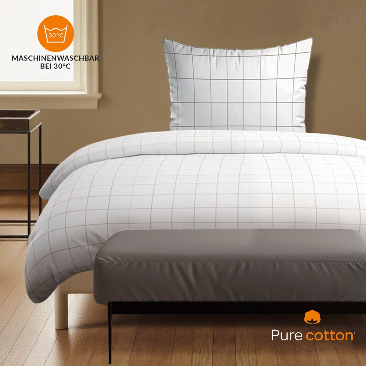 Pure cottom Bettwäsche aus Baumwollsatin in weiß/taupe, Baumwoll-Satin, verschiedene Größen