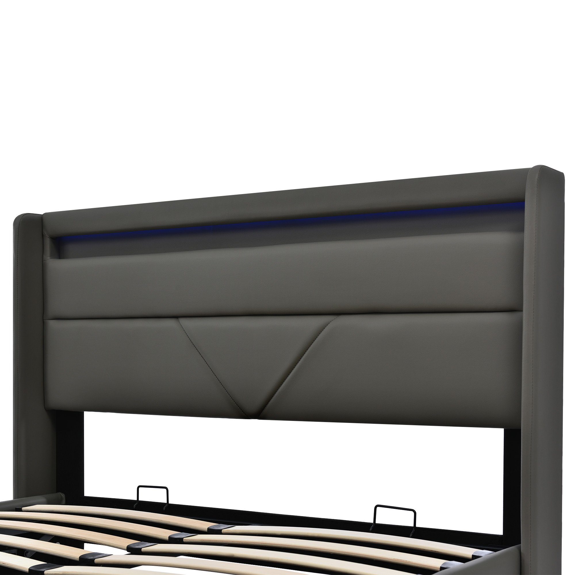 Boxspringbett (Funktionsbett, Polsterbett mit Bettkasten und Lattenrost, inkl. LED-Beleuchtung), Hydraulisches Stauraumbett Doppelbett 160x200cm, Bezug aus Kunstleder