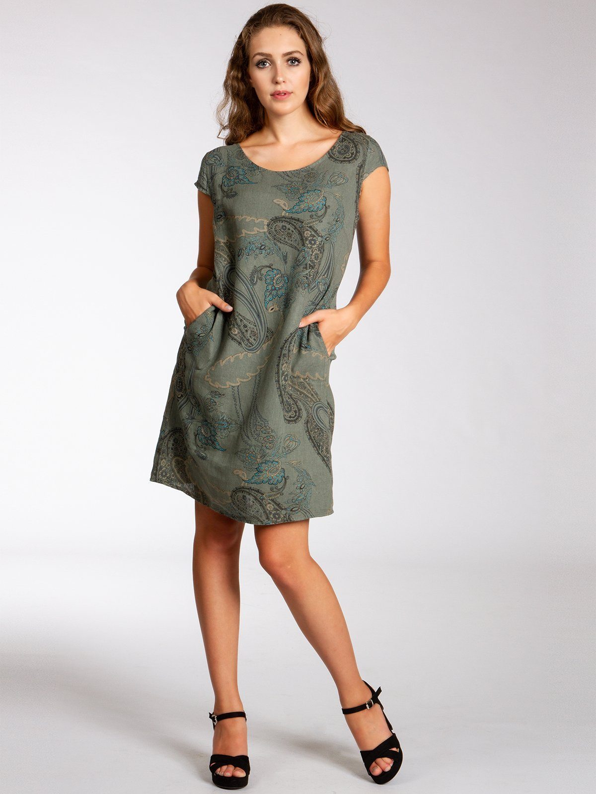 Caspar Sommerkleid SKL022 Damen Sommer Leinenkleid mit Paisley Print bis Größe 50 Luftig leicht, figurumspielende Form, mit seitlichem Jersey-Einsatz