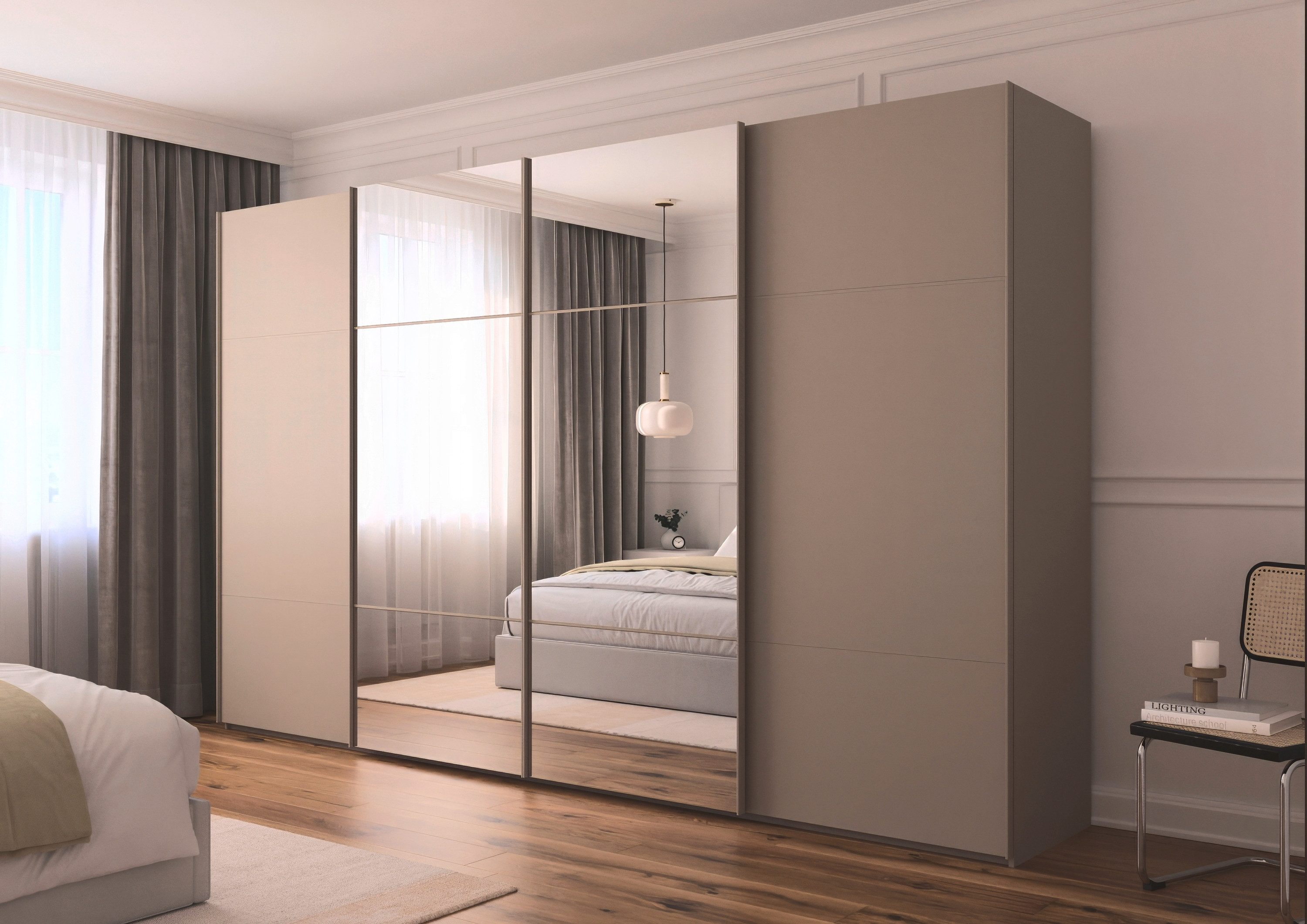rauch Schwebetürenschrank Kleiderschrank Schrank Garderobe Schlafzimmerschrank SCALE-TRIO edle dreigeteilte Front mit 2 Zierleisten und Spiegel MADE IN GERMANY