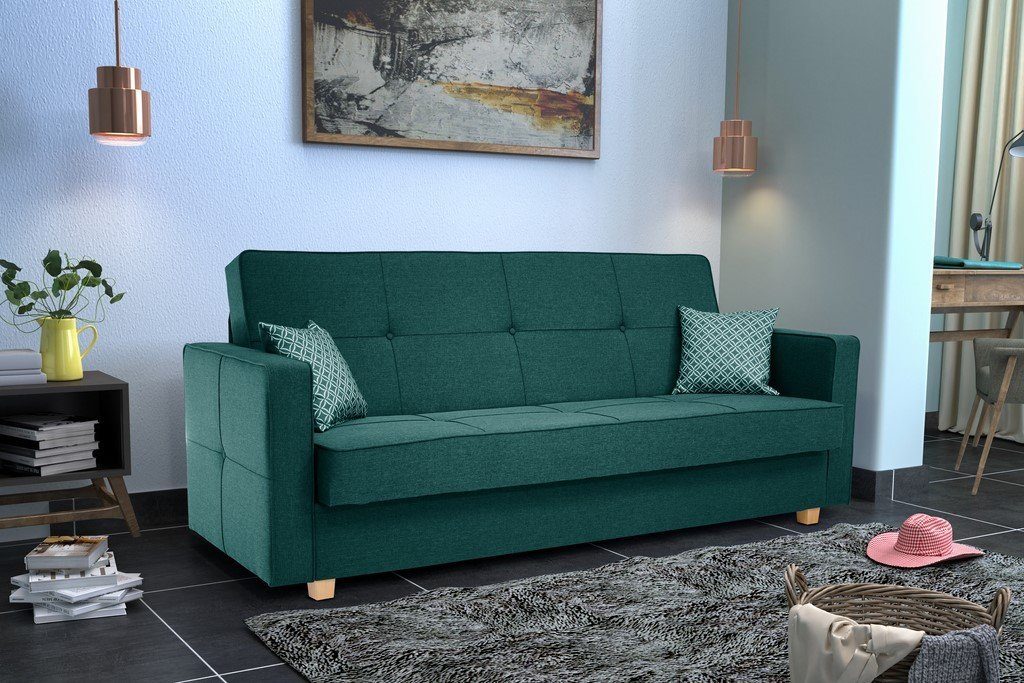 Furnix Schlafsofa MELOTTE Polstercouch mit Schlaffunktion & Bettkasten, Klick-Klick-Mechanik, B216 x H95 x T95 cm, Made in EU LX30 Dunkelgrün