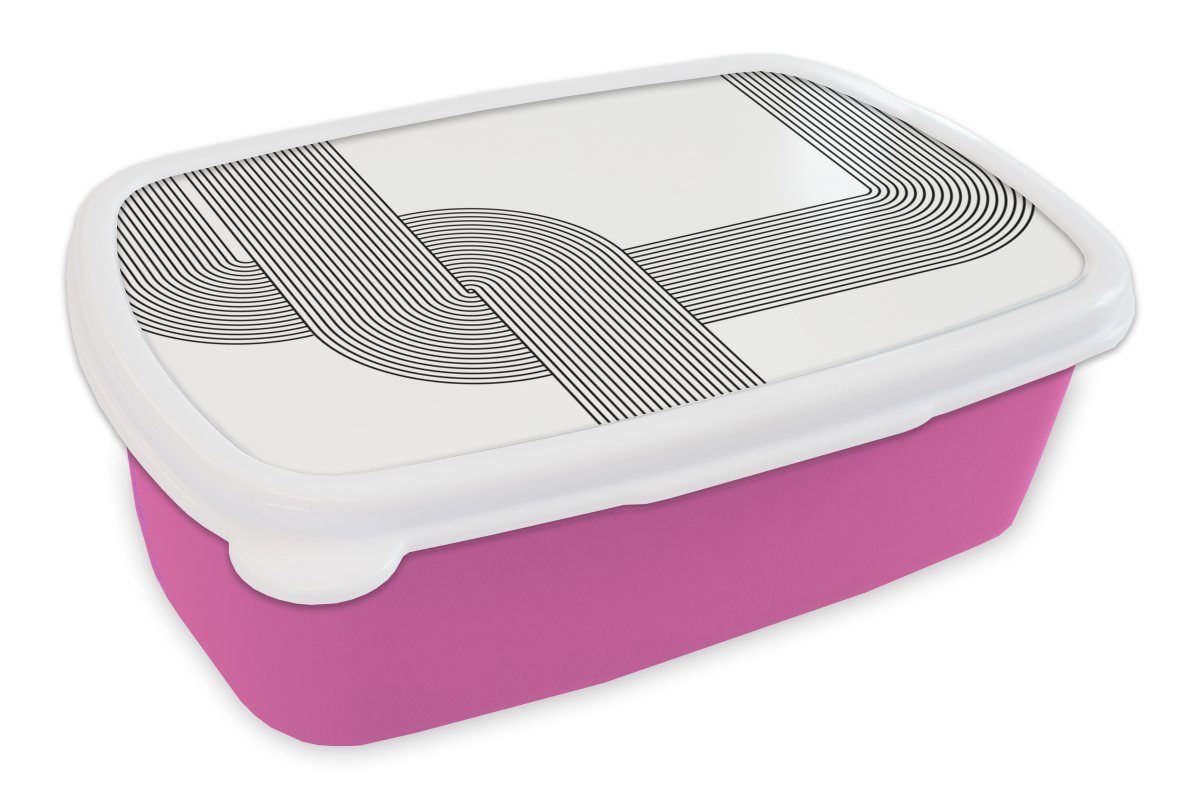 MuchoWow Lunchbox Schwarz - Weiß - Linie, Kunststoff, (2-tlg), Brotbox für Erwachsene, Brotdose Kinder, Snackbox, Mädchen, Kunststoff rosa