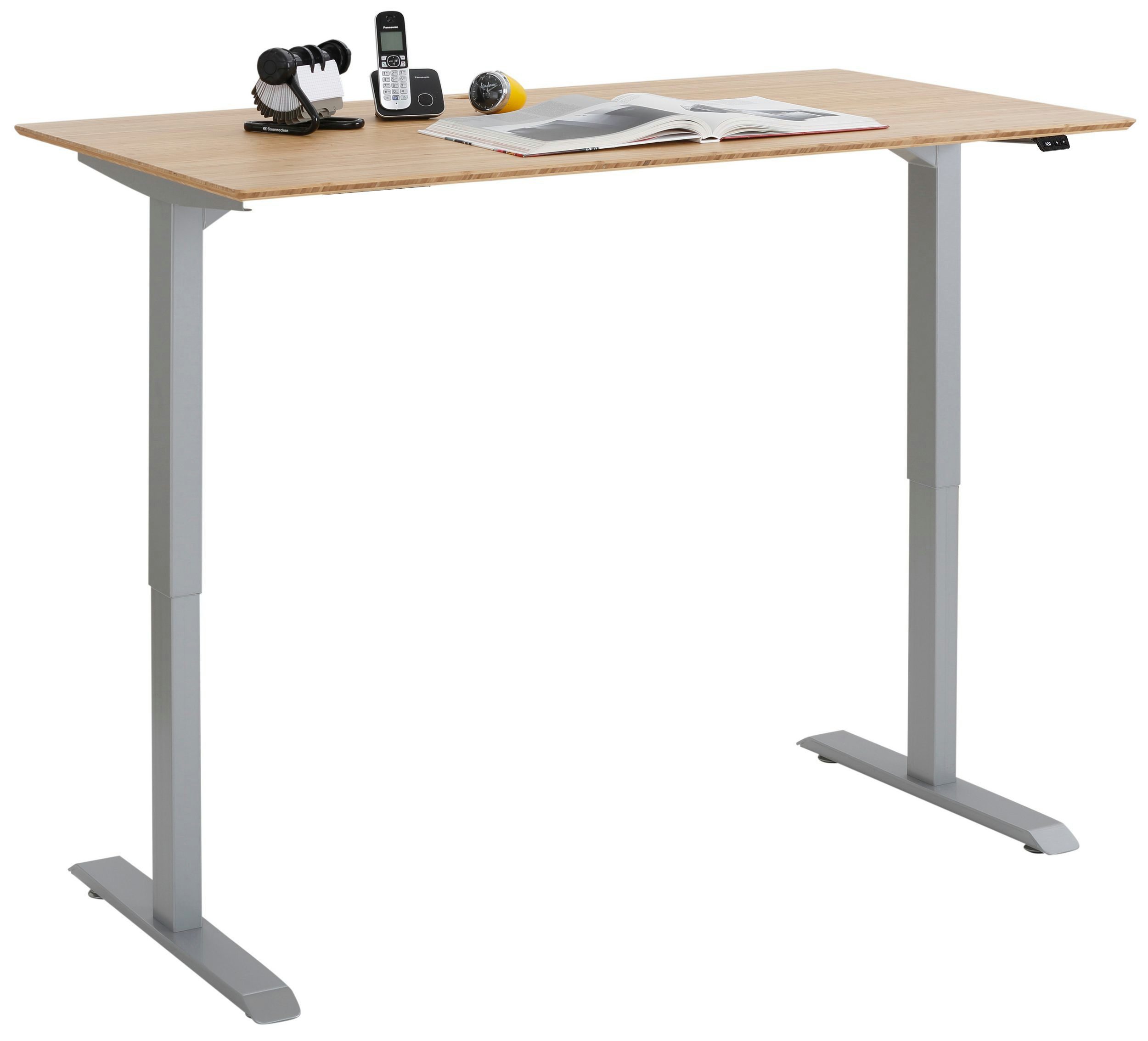 Maja Möbel Schreibtisch Höhenverstellbarer Schreibtisch Platingrau mit massiver Bambusplatte (Spar-Set, 1-St., 1 Tisch), höhenverstellbar, 2-Motoren-Gestell, Display, Massivholzplatte