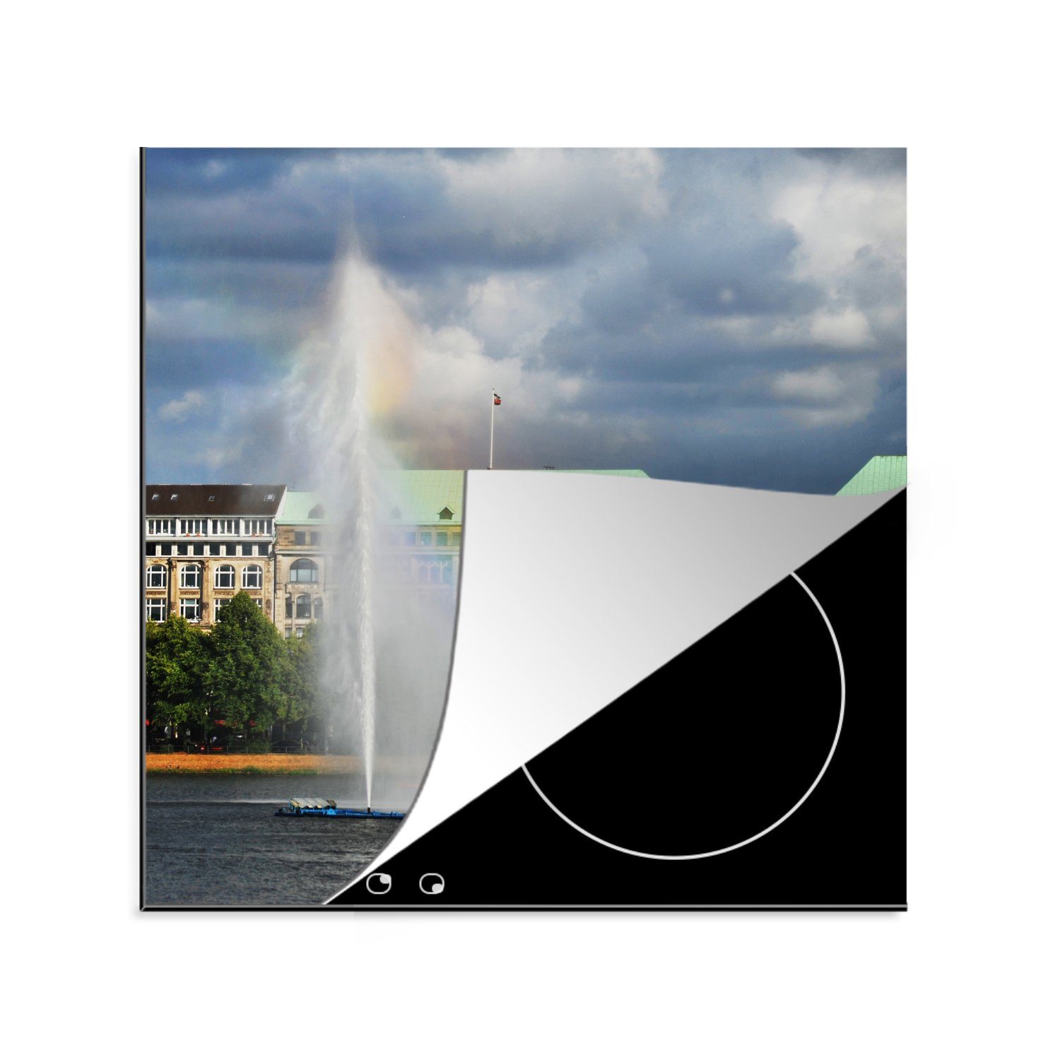 MuchoWow Herdblende-/Abdeckplatte Springbrunnen mit Regenbogen, Vinyl, (1 tlg), 78x78 cm, Ceranfeldabdeckung, Arbeitsplatte für küche