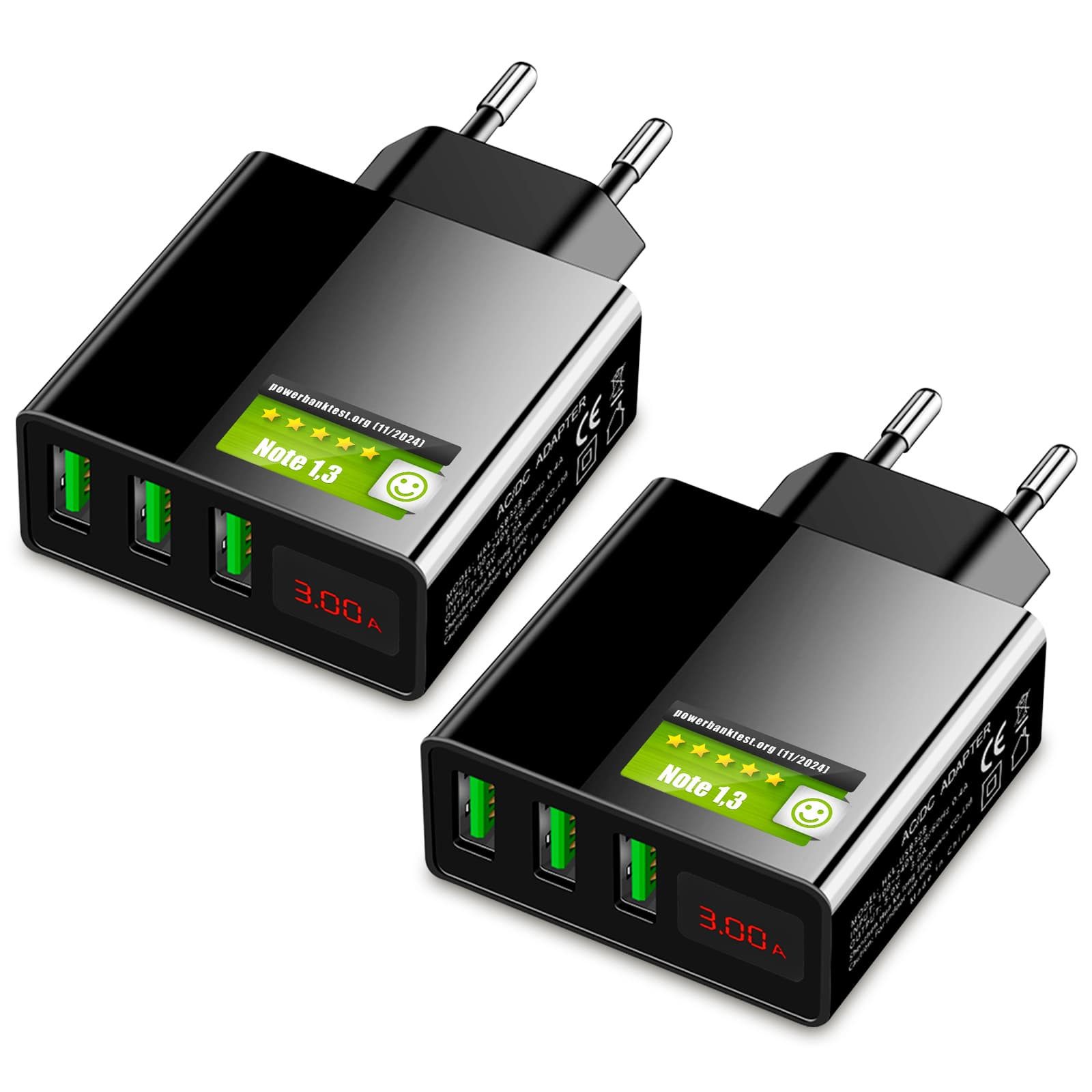 EAXUS 3A USB Netzteil mit Schnellladefunktion und Display USB-Ladegerät (3000,00 mA, 2-tlg., Zeigt Ladegeschwindigkeit an, 3 USB Ports für gleichzeitiges Laden)