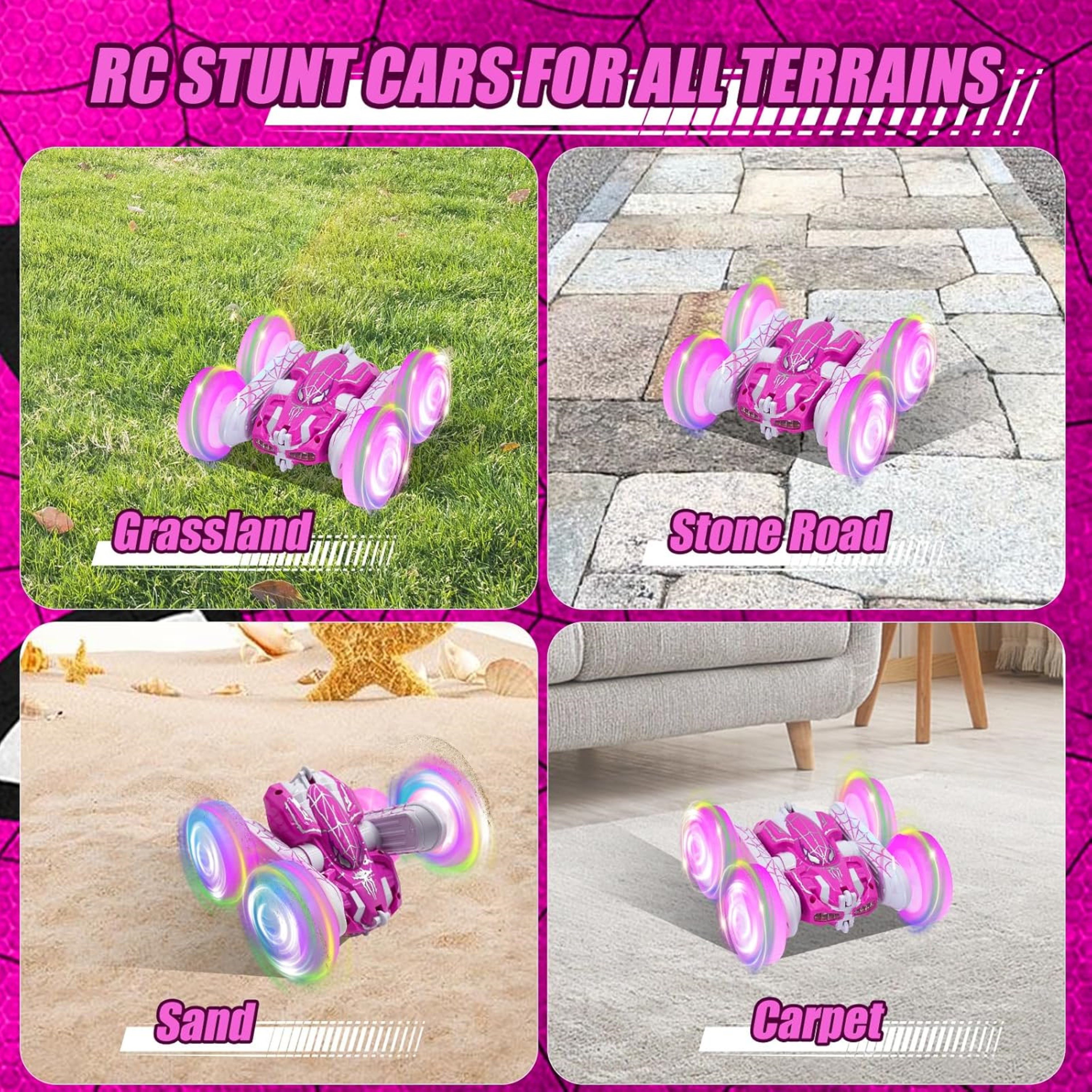 LA CUTE RC-Auto RC Spider Auto Pink 4x4 (Spielzeug-Stuntauto mit Zubehör und Akku, RC Stunt Car Set mit LED und Sprühfunktion), 4WD RC Auto mit LED, Sprühnebel & 360° Stuntfunktion