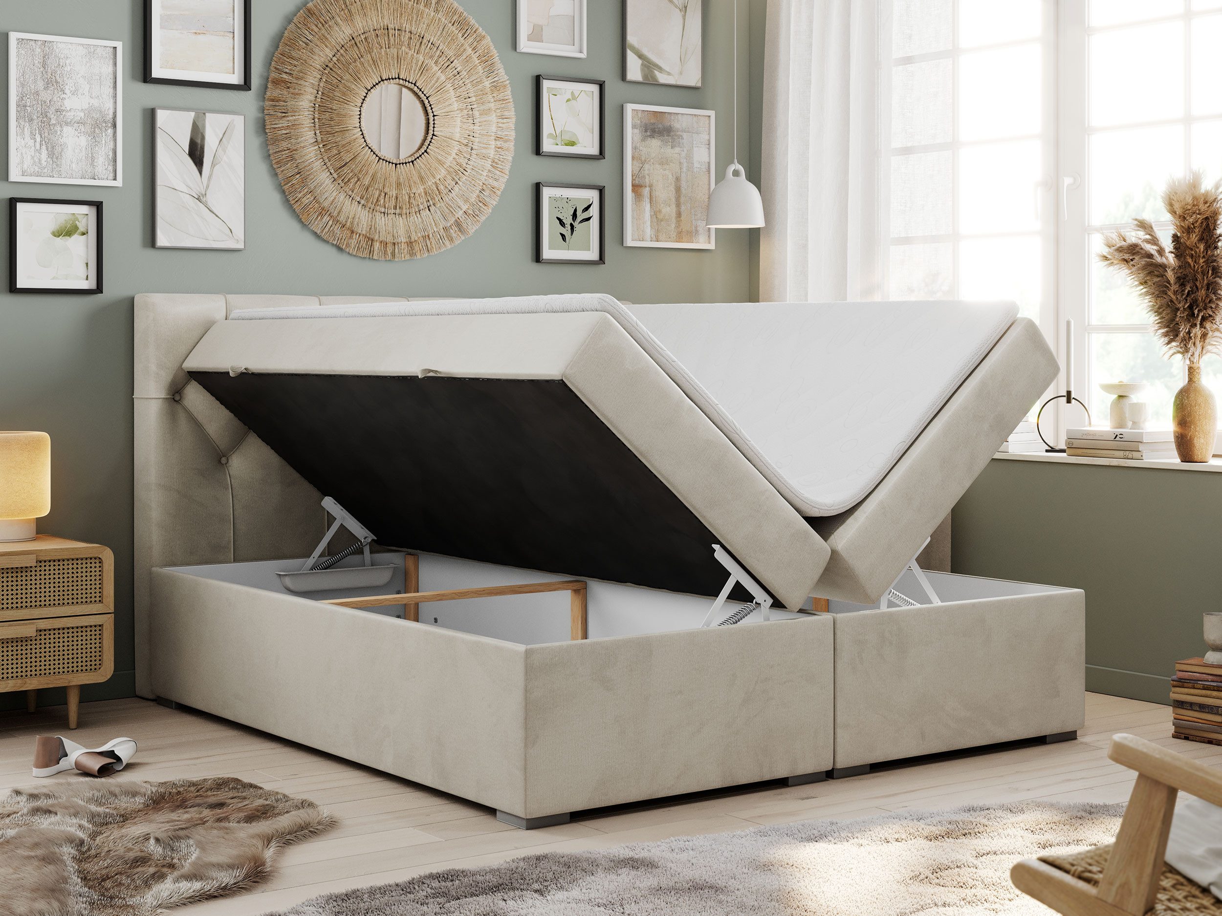 MKS MÖBEL Boxspringbett ALDA (Set, Packung, T30-Schaum, zwei Bettkästen, gepolsterte Kopfstütze), Doppelbett, Multipocket-Matratzen, Modern Bett