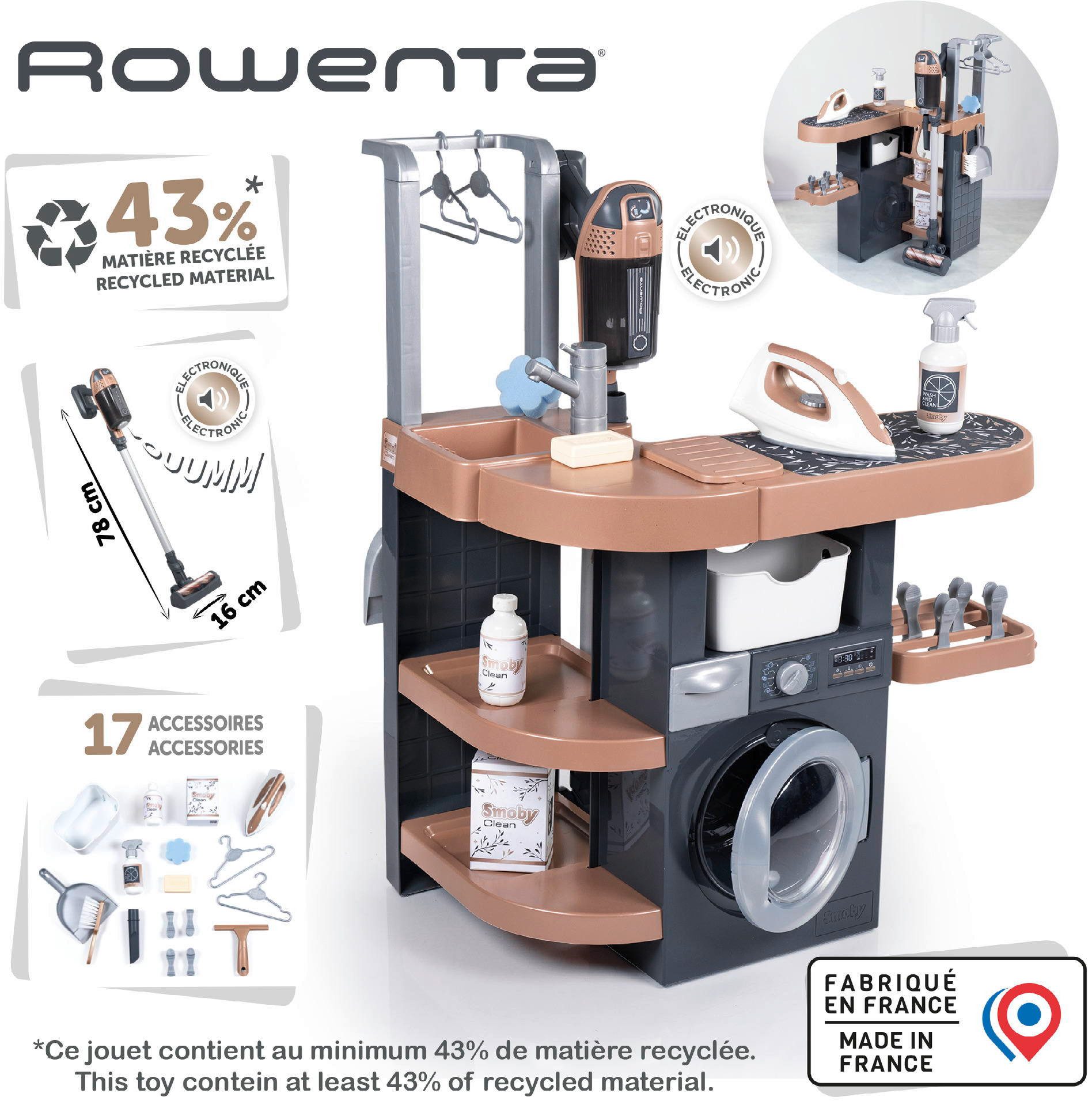 Smoby Kinder-Haushaltsset Spielwelt Rowenta Haushalts-Set Waschküche mit viel Zubehör 7600330327