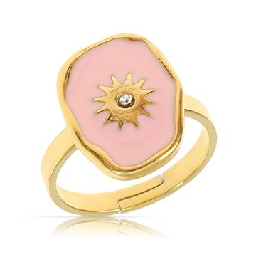 Made by Nami Fingerring Goldener Boho Ring mit türkisem/rosa Edelstein mit Sonne im Zentrum, goldumrandet Damen Schmuck Größenverstellbar & Wasserfest