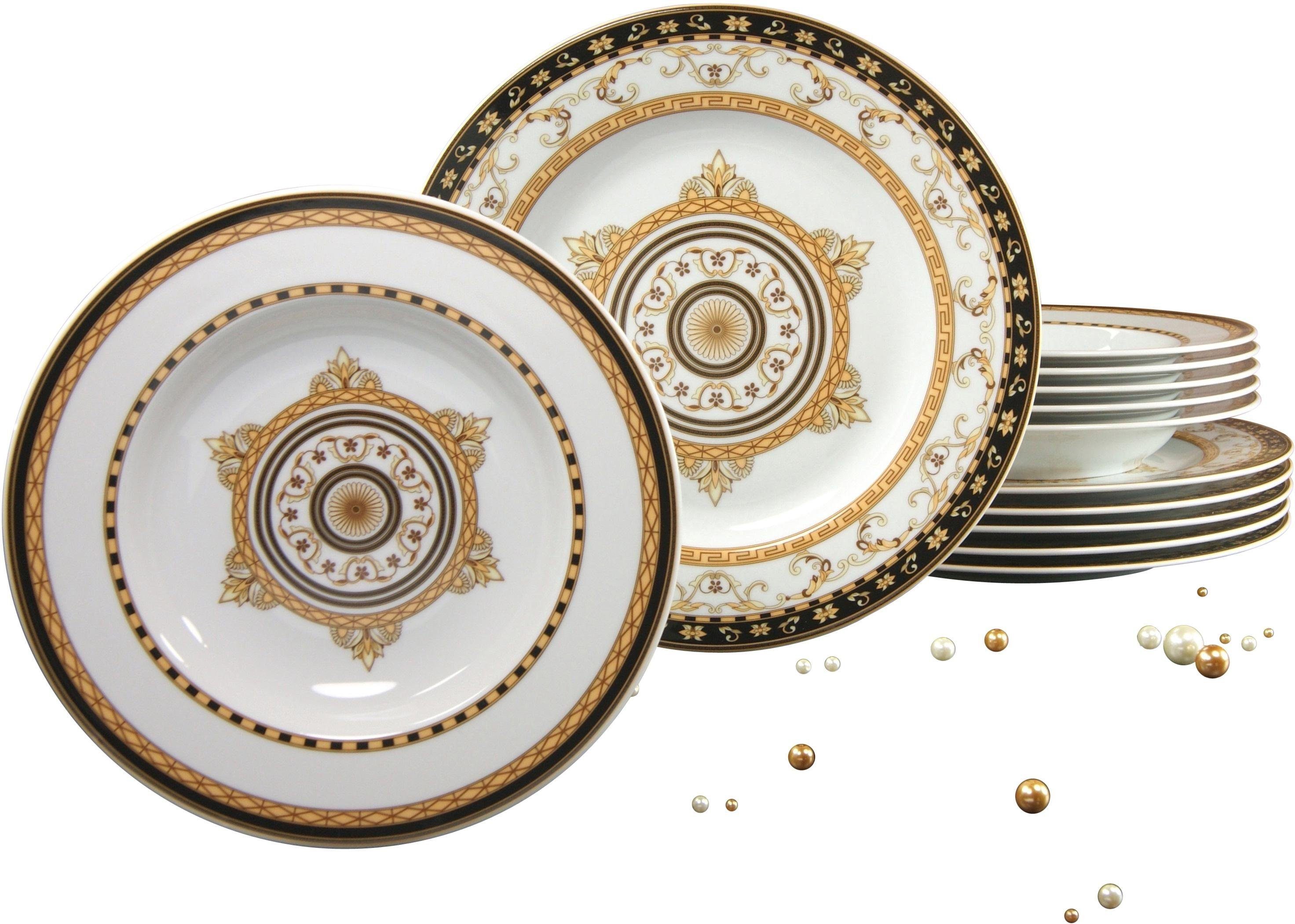 CreaTable Столовый сервиз Teller Set, Geschirr-Set Majestosa (12-tlg), 6 Personen, Porzellan, Service, Dekor schwarz abgesetzt, 12 Teile, für 6 Personen