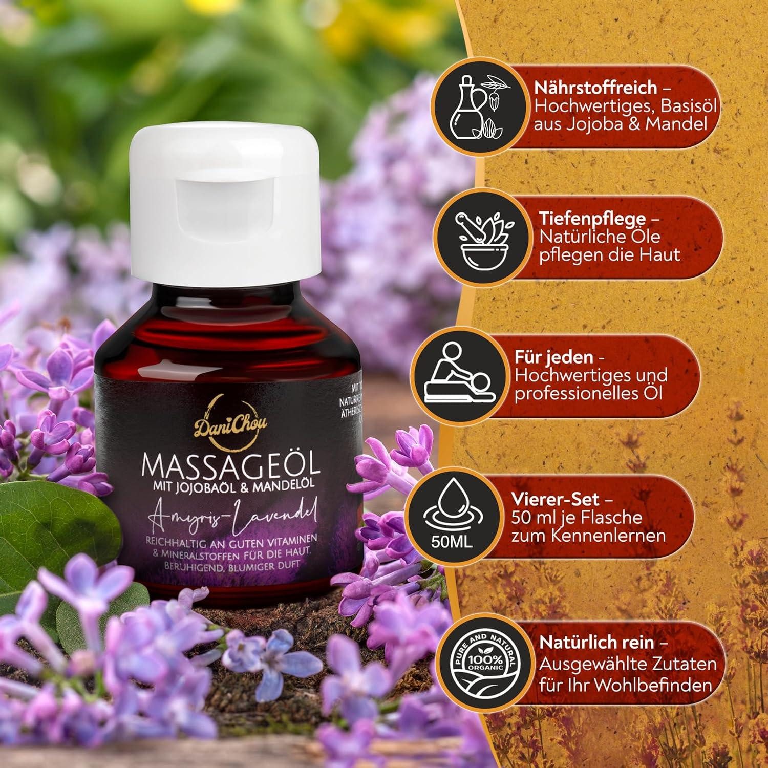 DaniChou Massageöl Heavenly Harmony Probierset - 4x 50ml Massageöle, Massage Öl, Wellness & Massage - Ideal als Geschenkset, 4-tlg., Natürliche Öle - Rose, Honig, Neutral, Amyris-Lavendel