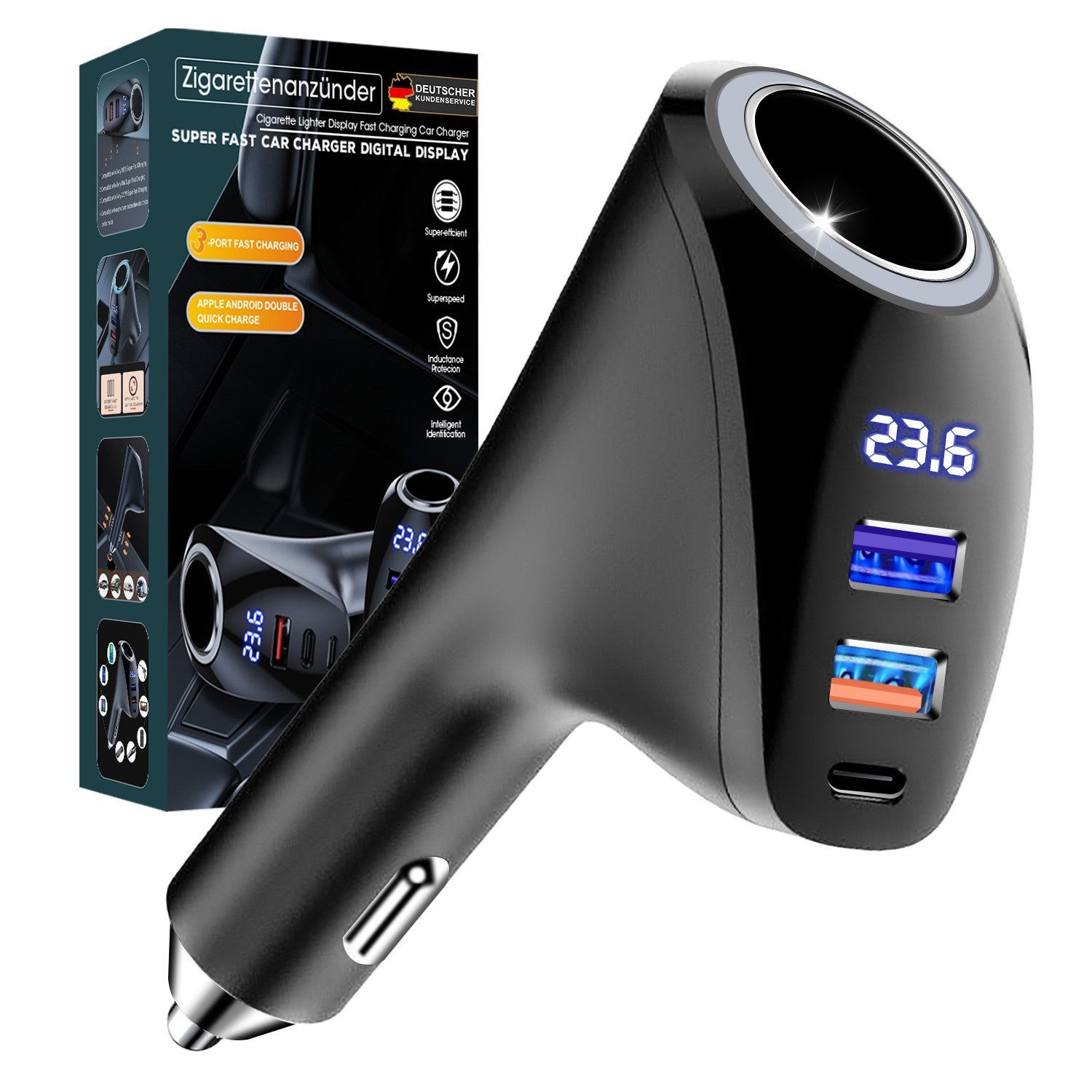 FOSMET Zigarettenanzünder-Verteiler 70W Zigarettenanzünder,4in1 Einziehbares Auto USB C Ladegerät Adapter (USB C Schnellladegerät,Spannungsanzeige,Auto Feuerzeug Ladegerät, 80W Zigarettenanzünder – Für Dashcams, Kühlbox & GPS-Geräte), Echtzeit-Voltmeter – Digitale Anzeige zur Stromüberwachung