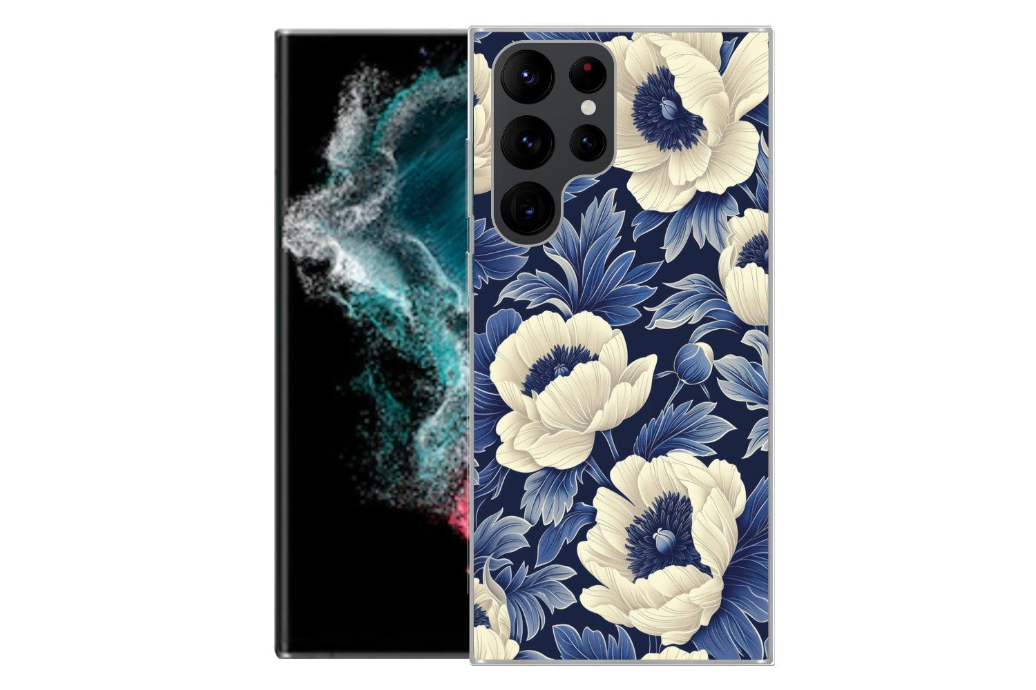 MuchoWow Handyhülle für Samsung Galaxy S22 Ultra Blumen - Muster - Blau - Weiß, Phone Case, Silikon, Schutzhülle Dünn