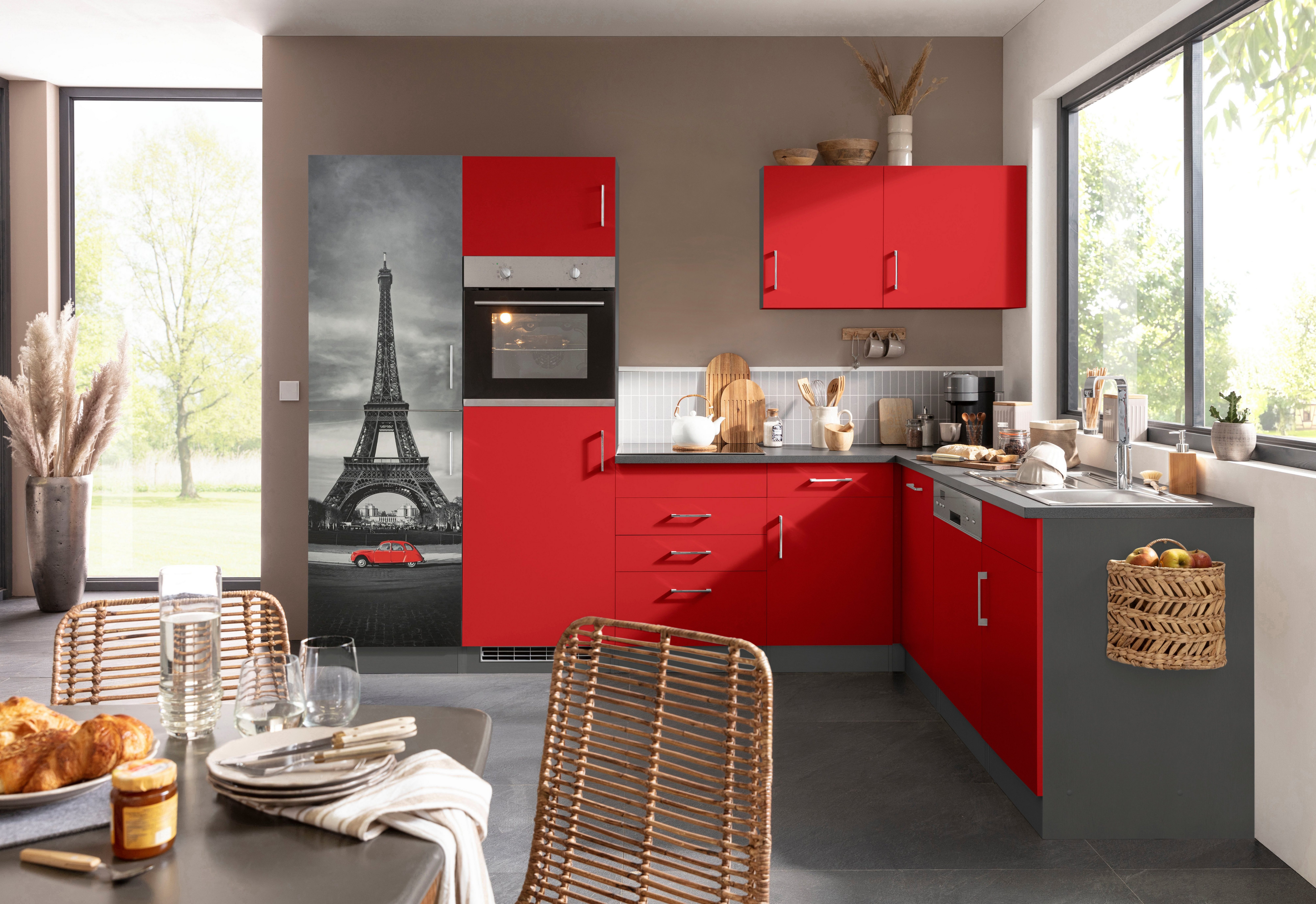 KOCHSTATION Küchenzeile KS-Paris – Küchen mit einzigartigen Fotomotiven auf den Fronten, Stellbreite 290/220 cm, wahlweise mit E-Geräten und Induktion