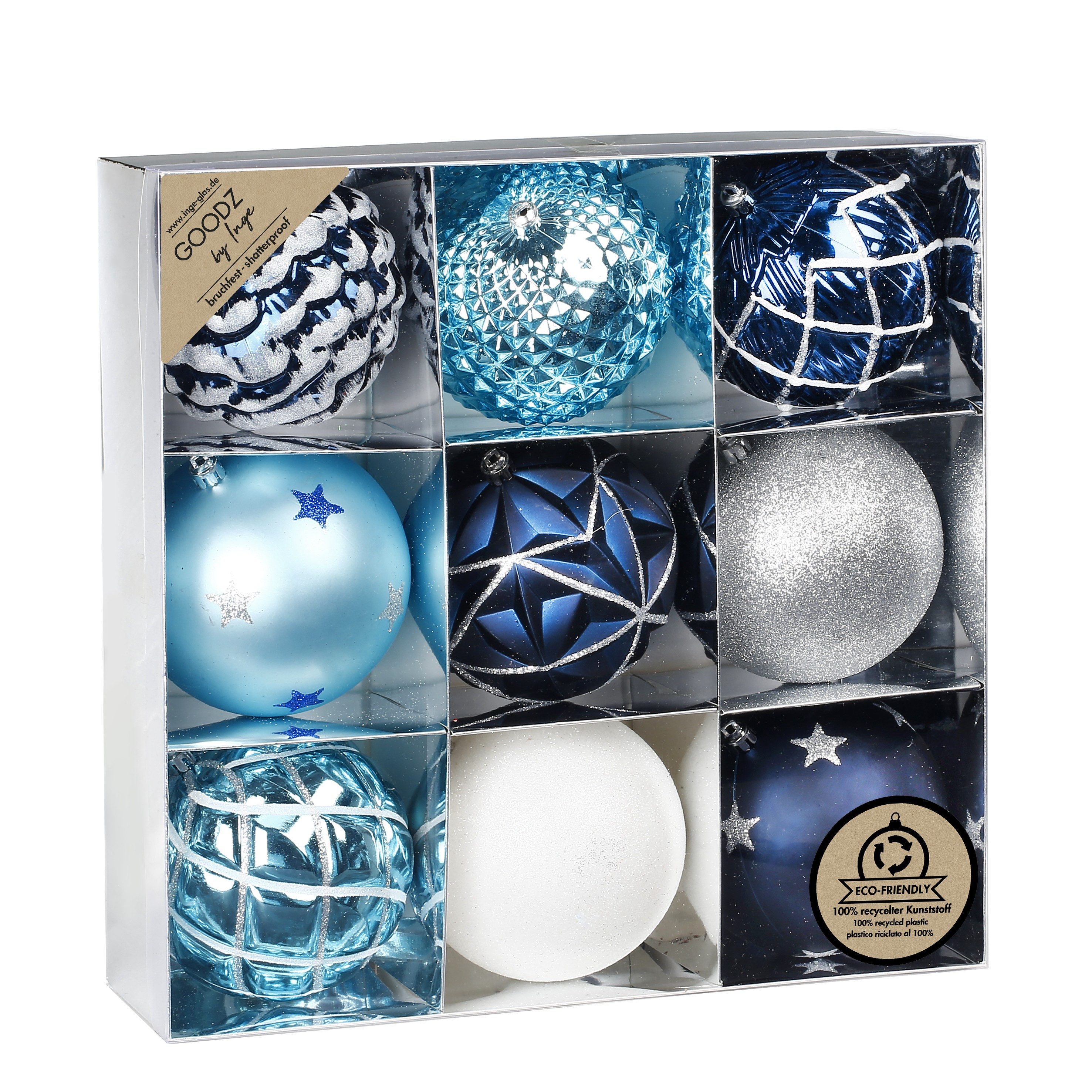 Holly & Jolly Christbaumschmuck, Weihnachtskugeln Kunststoff 10cm Muster / Glitzer 9er Set - Blau Mix
