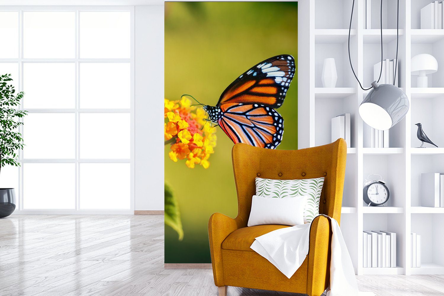 MuchoWow Insekten Gelb, - Vliestapete (2 Fototapete Blumen Fototapete - für Schmetterling Wohnzimmer bedruckt, St), Küche, Schlafzimmer - Matt,