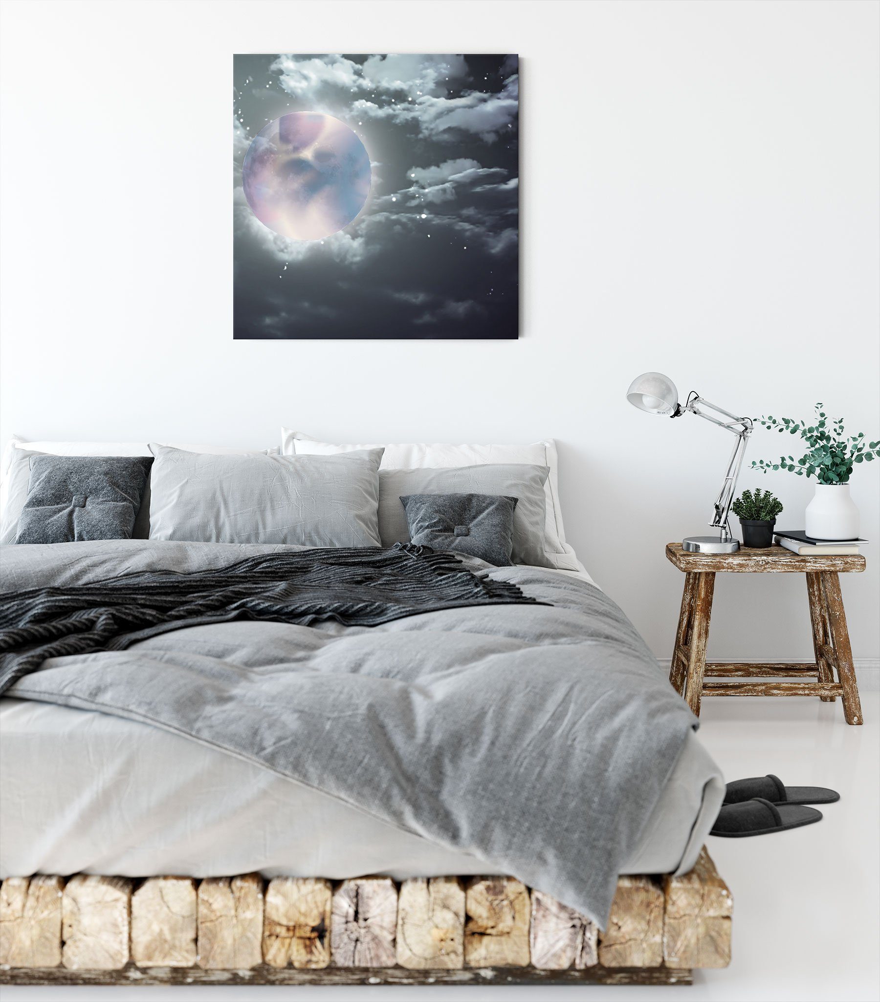 Pixxprint Leinwandbild Vollmond Sterne Wolken, Zackenaufhänger inkl. (1 Wolken fertig Leinwandbild Sterne St), bespannt, Vollmond