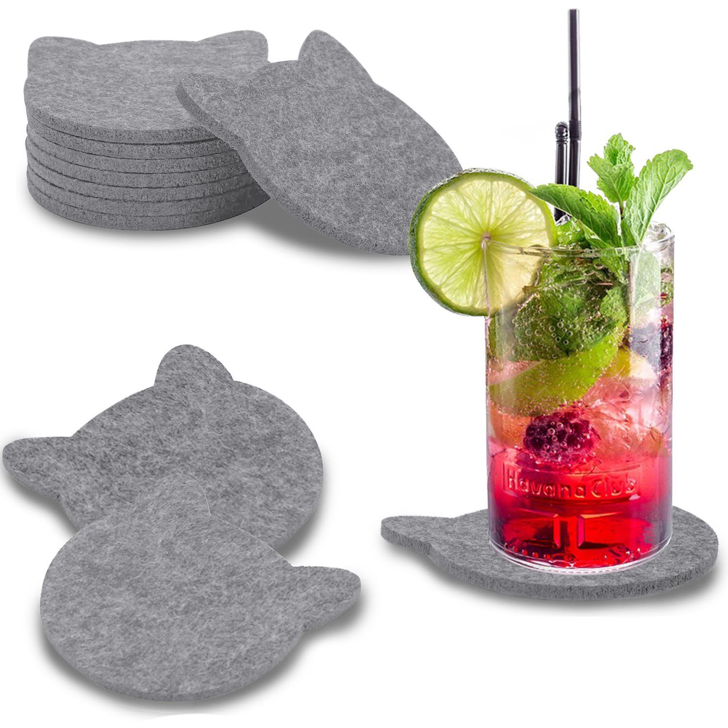 wortek Подставки для напитков Filz-Untersetzer Katze für Gläser 8er Tischset, Zubehör für Tisch & Gläser, Set, 8-tlg., cm