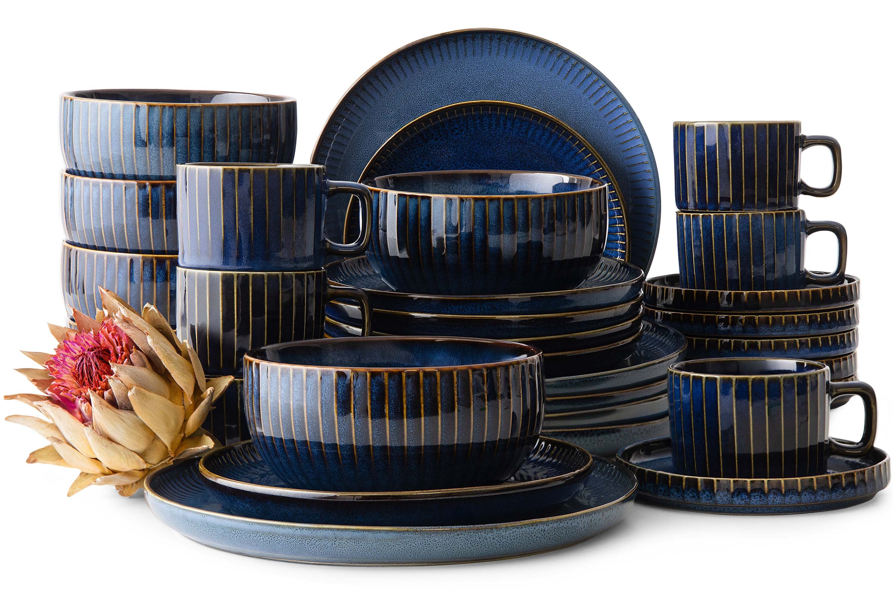KONSIMO® Kombiservice AD STRIPES Geschirr-Set, Tafelservice, Reaktivglasur (30-tlg), 6 Personen, Porzellan, spülmaschinengeeignet, mikrowellengeeignet, handgefertigt