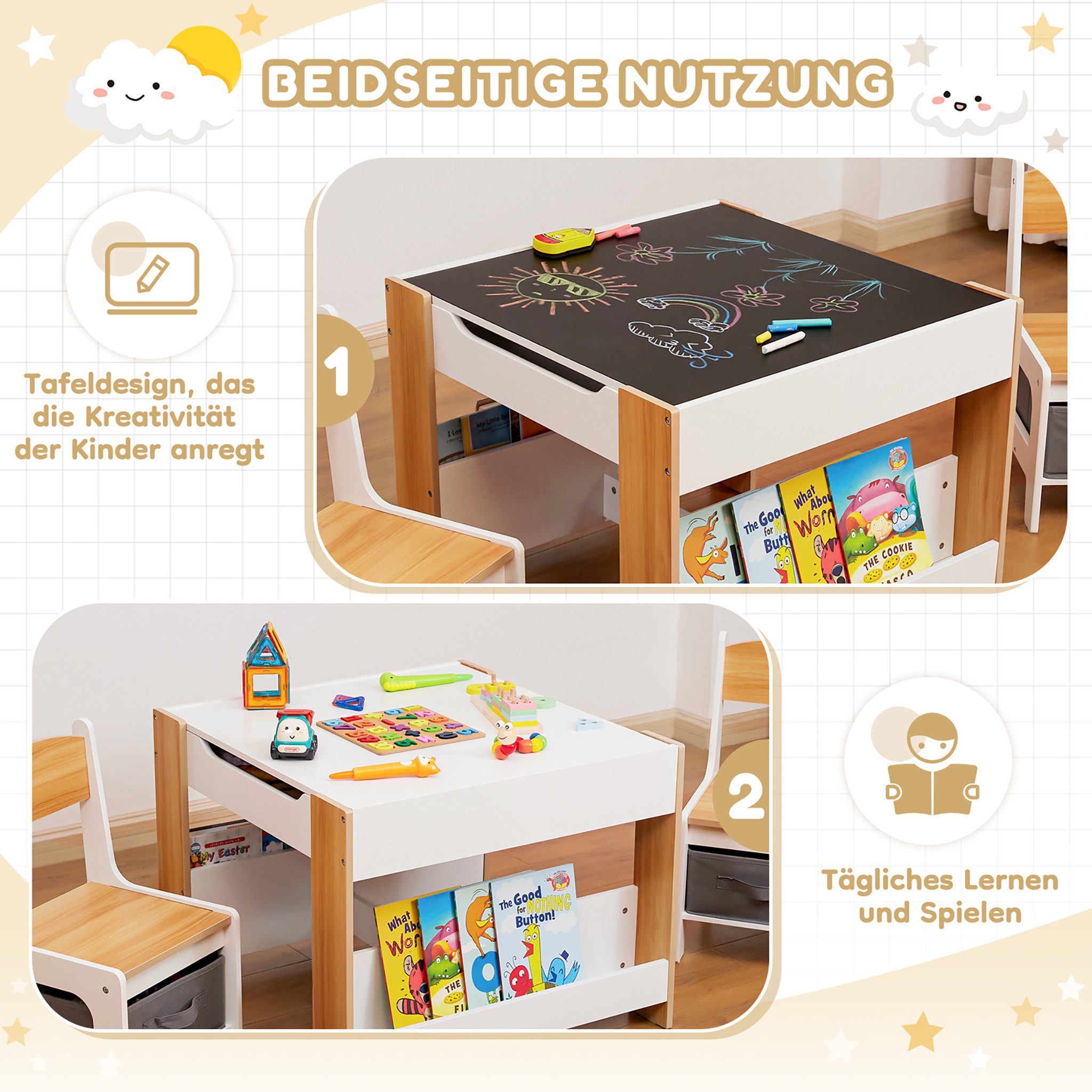 Yorbay Kindersitzgruppe Kindertisch mit Stauraum, Maltisch Kindermöbel mit 2 Stühlen, (3-tlg, Tischplatte abnehmbar), Sitzgruppe für Kinder