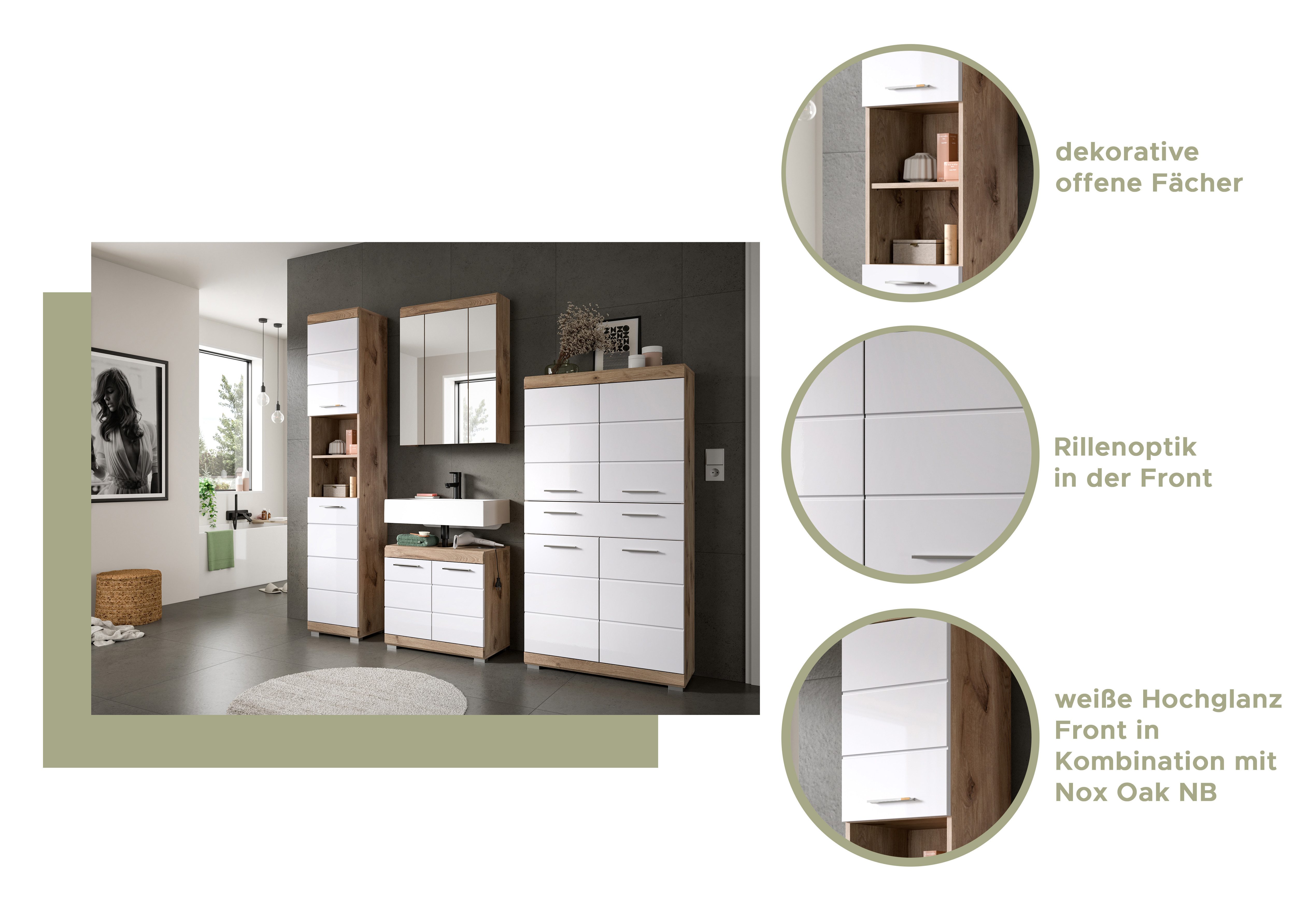 welltime Midischrank SIENA, Breite 74cm, 4 Türen, 1 Schubkasten, 4 Fächer, MDF-Front (TOPSELLER) in verschiedenen Farben erhältlich, Badmöbel, Badschrank, Schrank, Bad