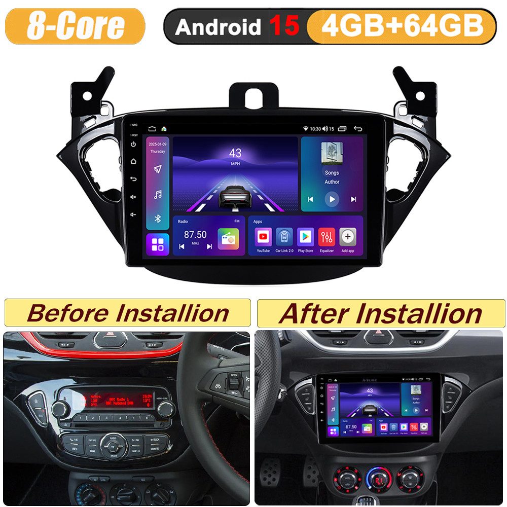 A-Sure Für Opel Corsa E 2015-2019 8-Core Apple Carplay GPS Navi FM/AM BT 5.0 Autoradio (Digitalradio (DAB), FM, AM, RDS, 1280*800 IPS Screen/8-Core CPU)