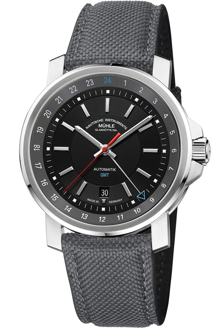 Nautische Instrumente Mühle Glashütte/Sa. Automatikuhr Herrenuhr Mühle Glashütte 29er Big GMT mit steingrauem Canvasband