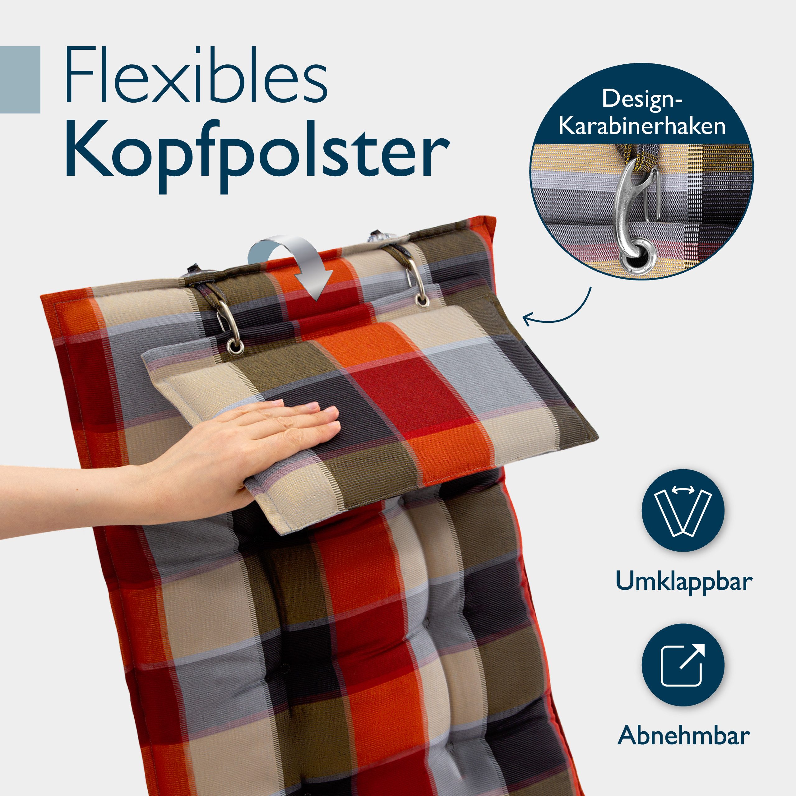 Beautissu Hochlehnerauflage Premium Hochlehner Auflage Kopfpolster Sun Sun-HL, 120x50cm, Beige, Mit Kopfpolster, rutschfest & robust – Befestigungsbänder, UV 5 – Bild 4 von 5