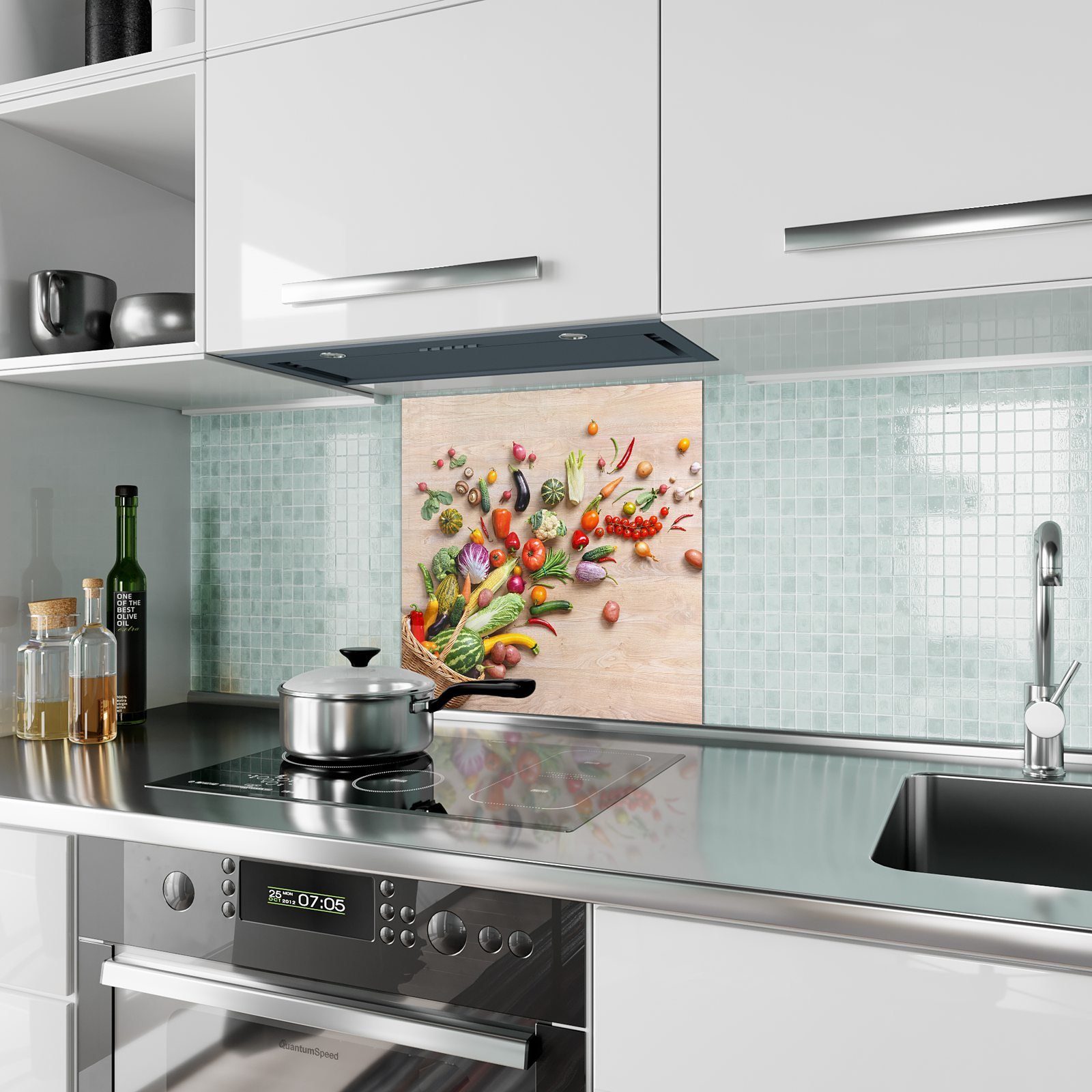 Primedeco Küchenrückwand Küchenrückwand aus mit fallend Motiv Spritzschutz Korb Gemüse Glas