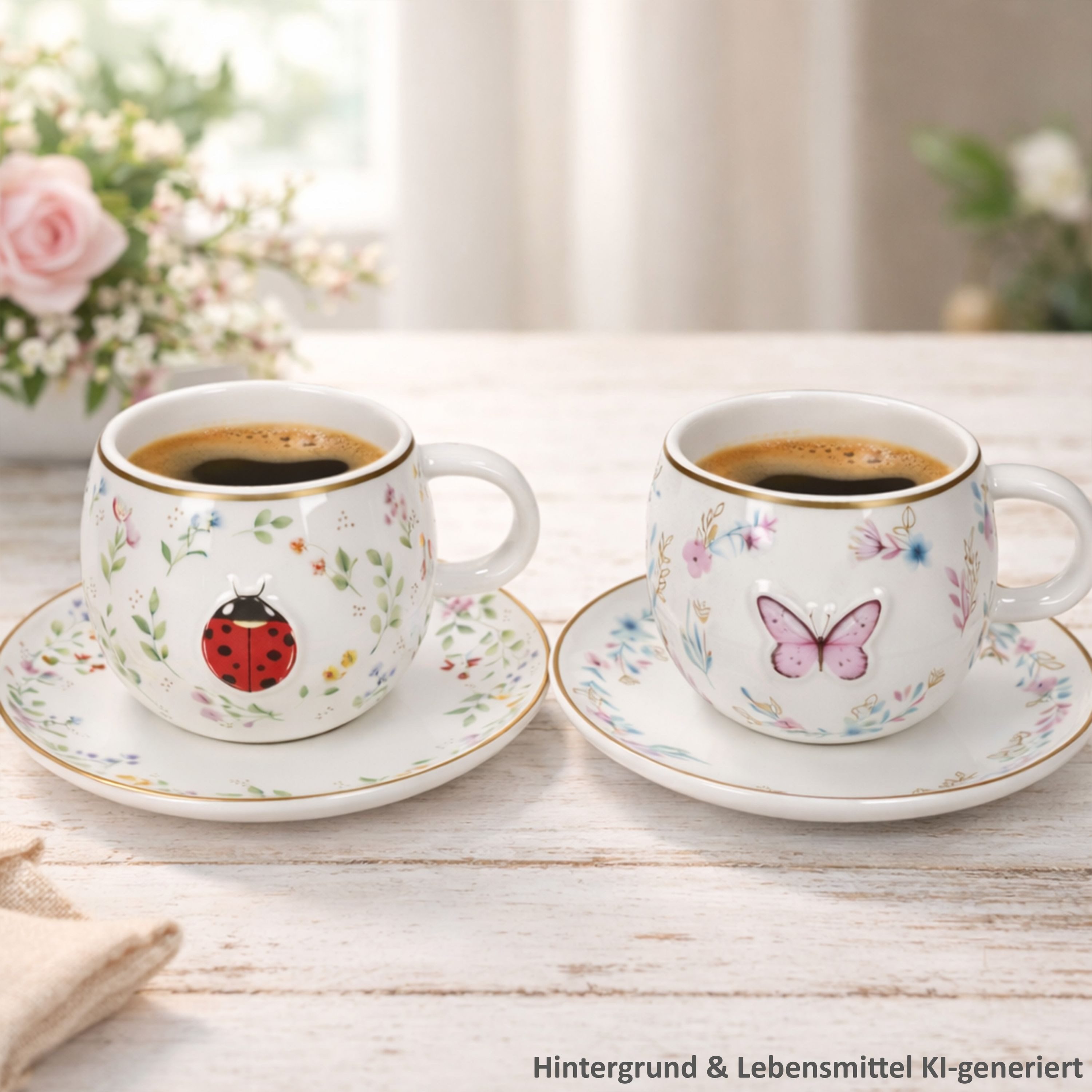 MamboCat Tasse MamboCat Fancy Garden Marienkäfer&Schmetterling 2er Set Espressotasse, Porzellan
