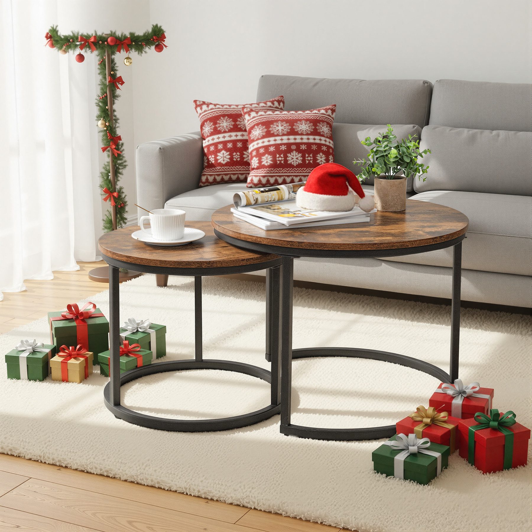 HawthyHome Couchtisch 2er-Set runde Beistelltische aus Holz & Metall (2-St), Moderne Kaffeetische für Wohnzimmer Schlafzimmer