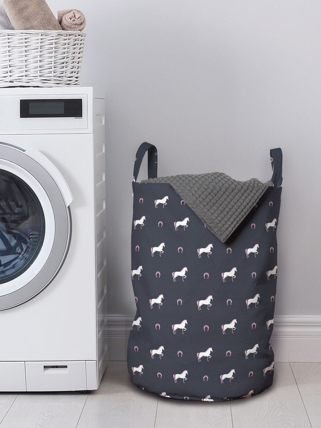 Waschsalons, Abakuhaus Mustang-Muster für Wilde Griffen Wäschesäckchen Kordelzugverschluss Pferde mit Wäschekorb