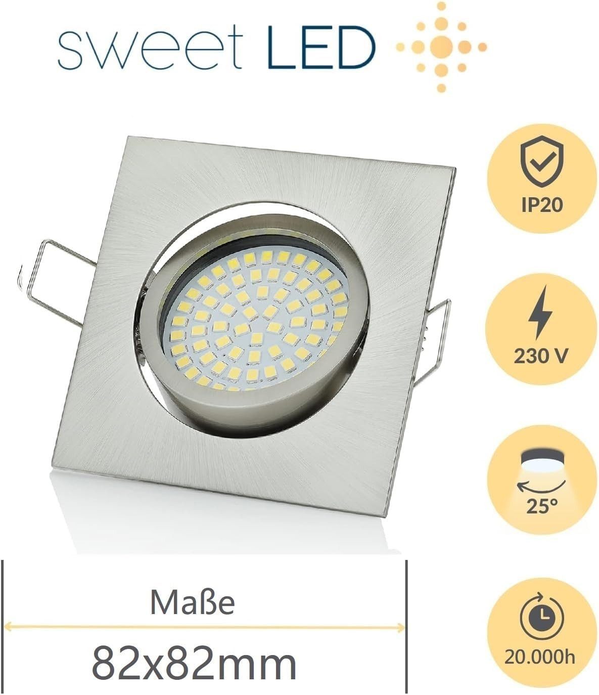 Sweet LED LED Einbaustrahler 4er SET 3000K schwenkbar Chrom LED Deckenspots eckig 3,5W 230V Spot, warmweiß, 3000K, Deckenspots, 82x82 mm, Einbauleuchte