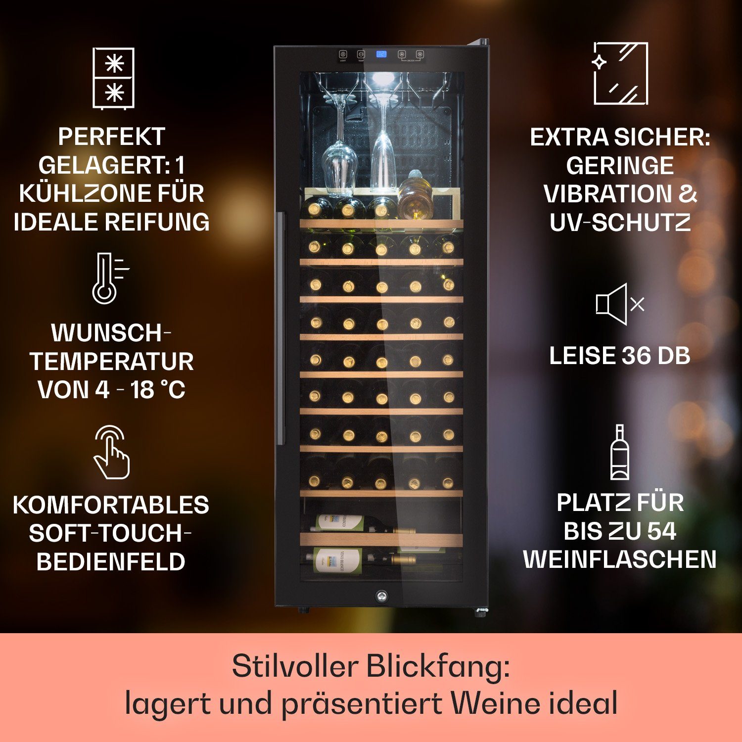 Klarstein Weinkühlschrank Barossa 54 Uno Weinkühlschrank 155 L 54 Flaschen Glastür Touch LED, für 54 Standardflaschen á 0,75l,Wein Flaschenkühlschrank Weintemperierschrank Weinschrank Kühlschrank