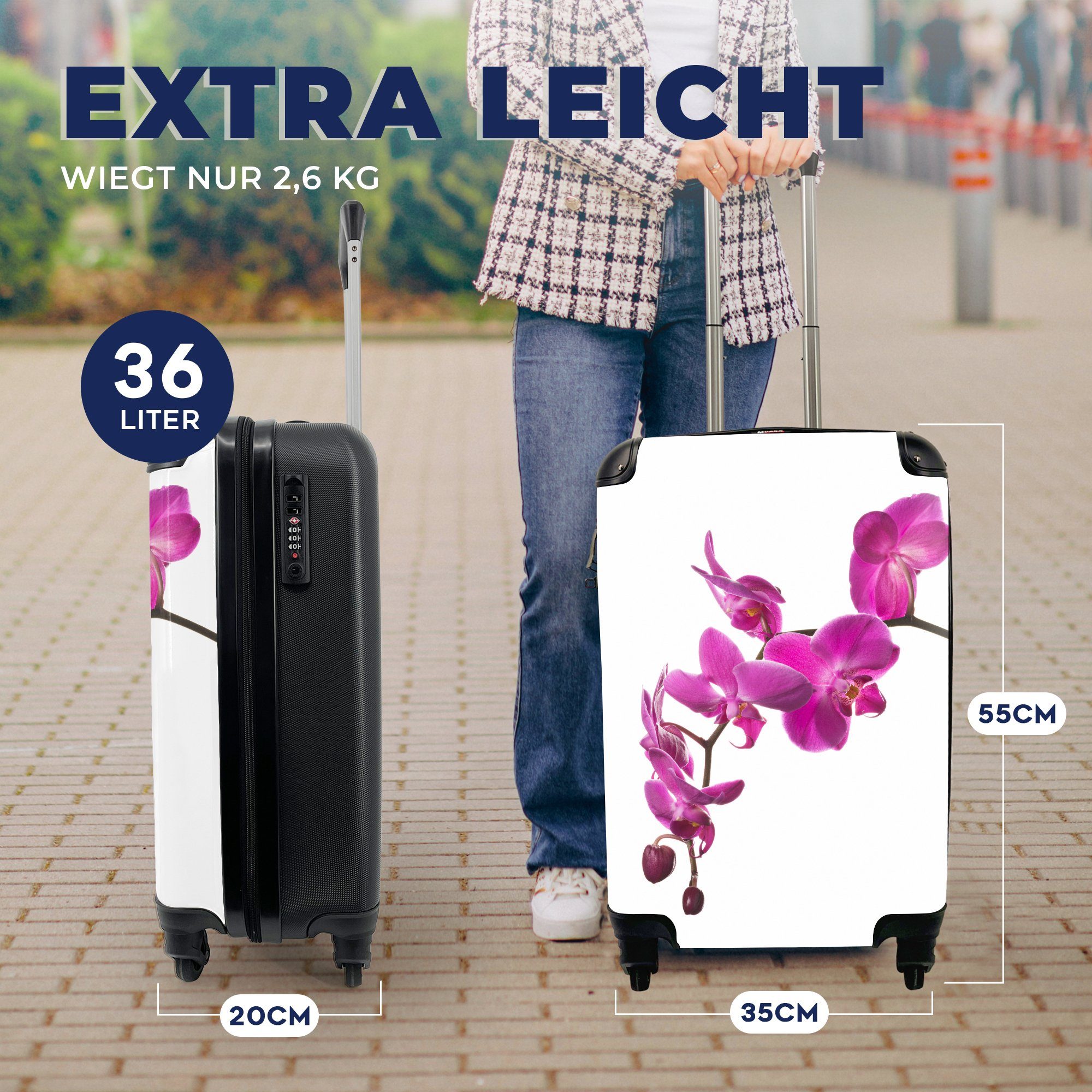 Handgepäck weißem Orchidee rollen, mit Reisekoffer Handgepäckkoffer MuchoWow vor Trolley, Ferien, Rollen, Reisetasche 4 für Hintergrund,