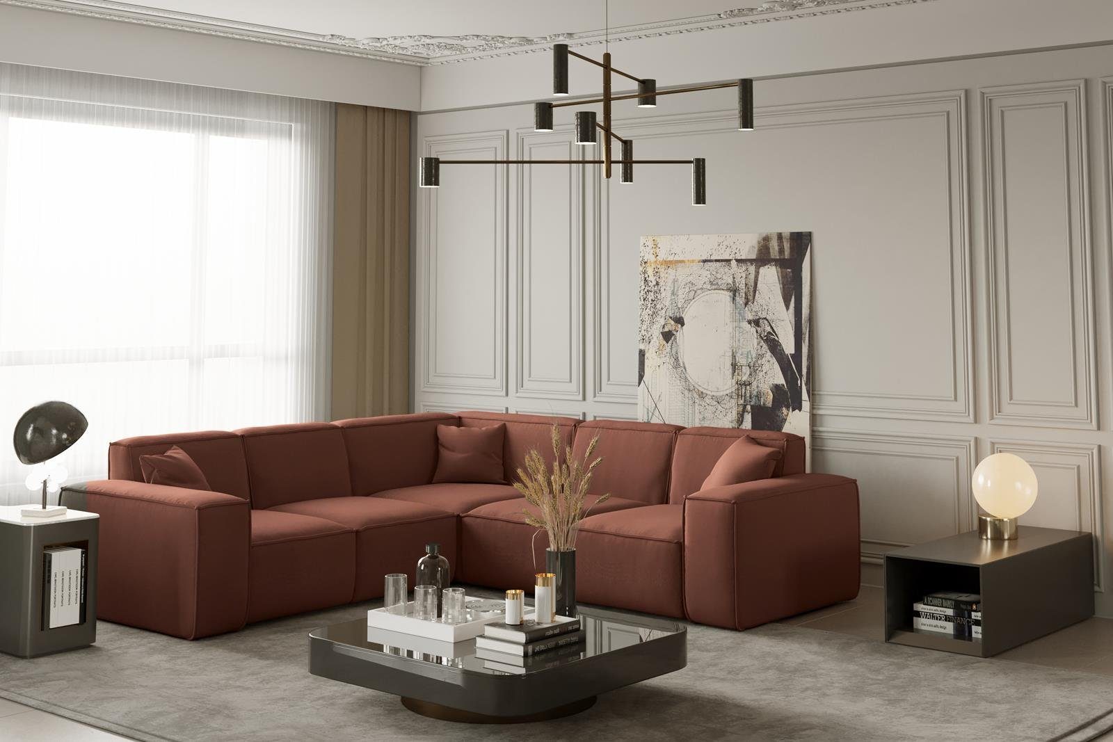 Ecke Ecksofa Veloursstoff Lugano, aus modernes Design, Wellenunterfederung, für im Corner mit Beautysofa Wohnzimmer, Polsterecke