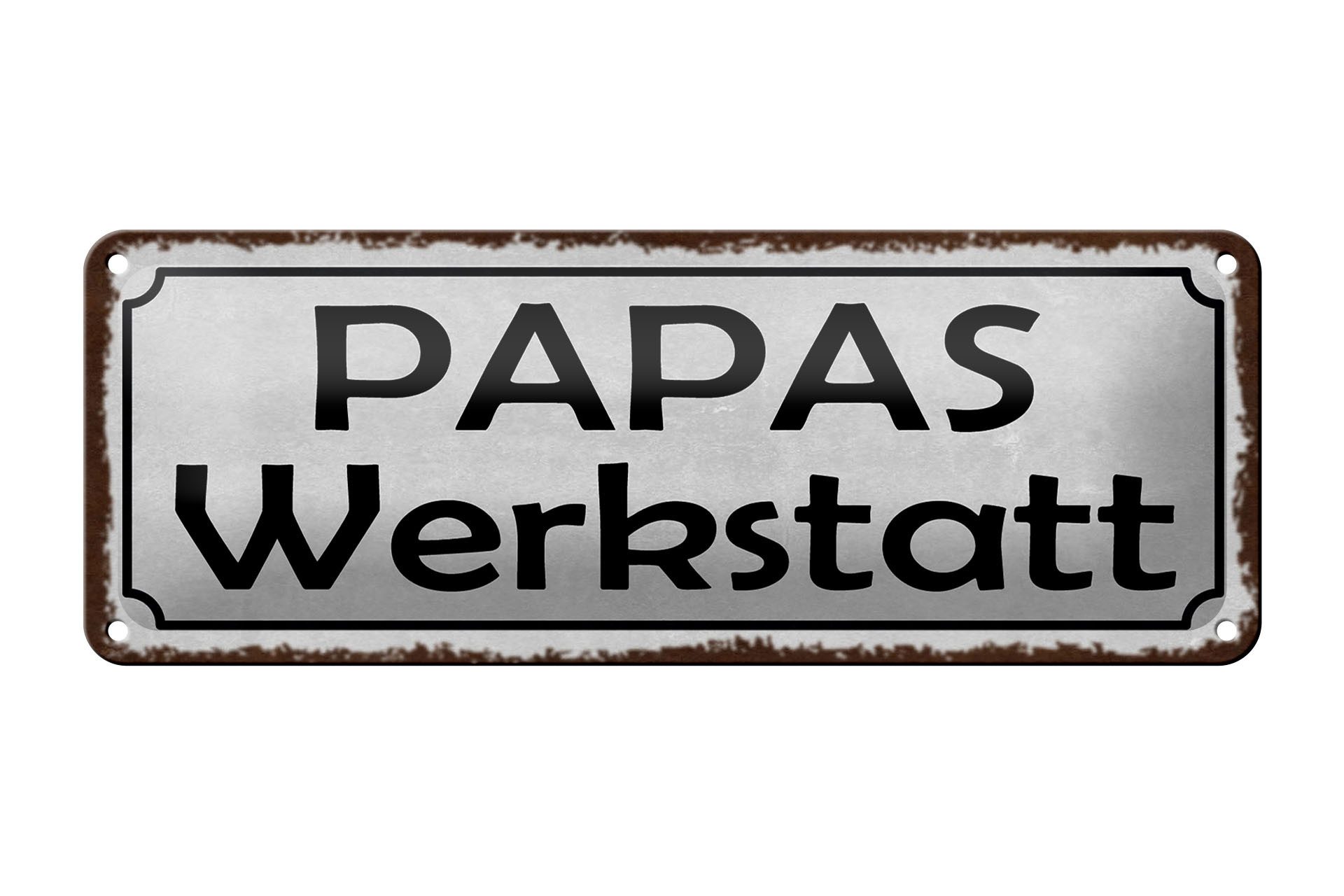 Femer GmbH Metallschild Spruch 27x10cm Papas Werkstatt Familie graues Schild, (1 St), gewölbte Oberfläche, abgerundete Ecken, umgeschlagene Kanten