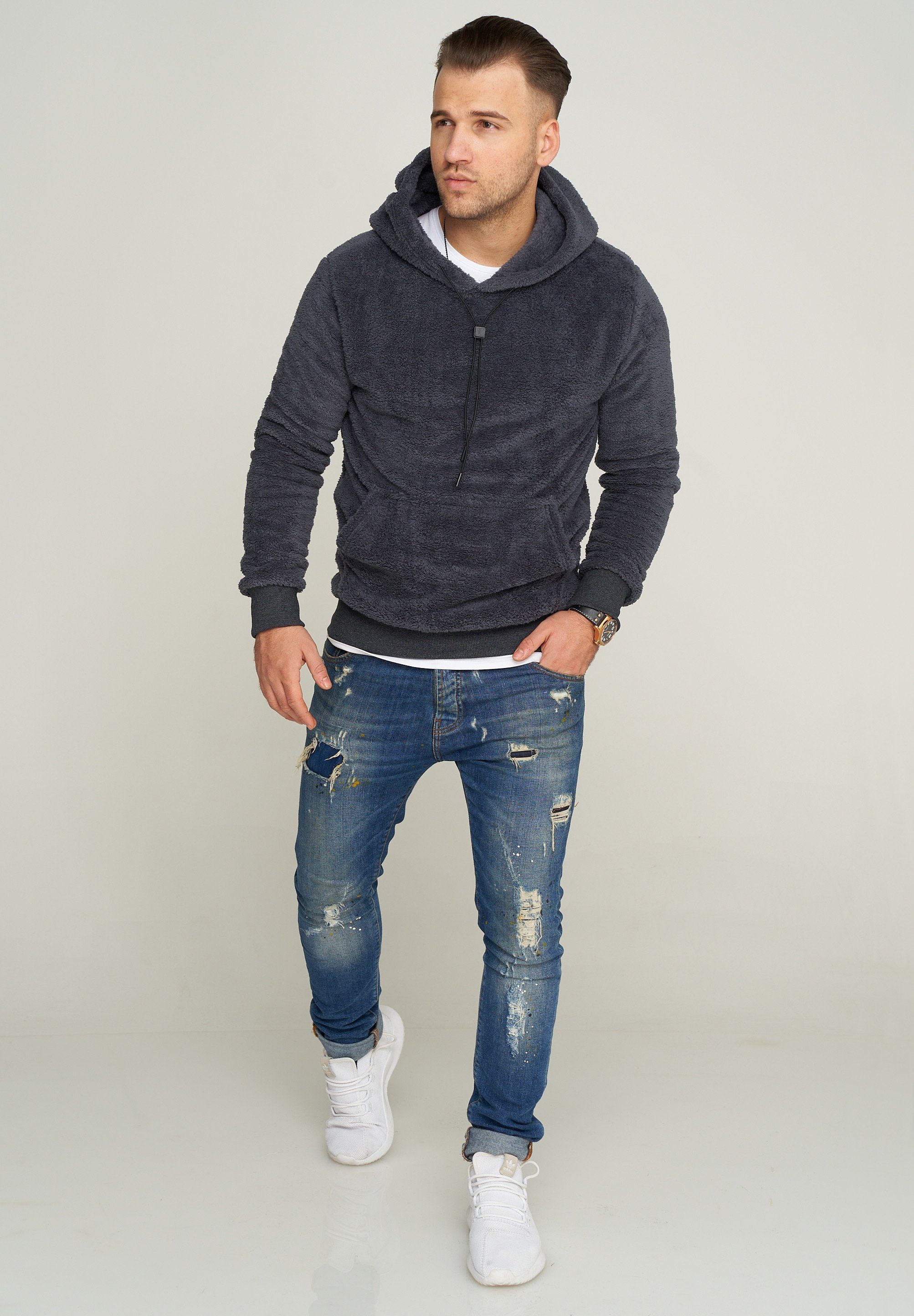 Dunkelgrau Hoodie behype BHCAEN Teddy-Stil im TEDDY