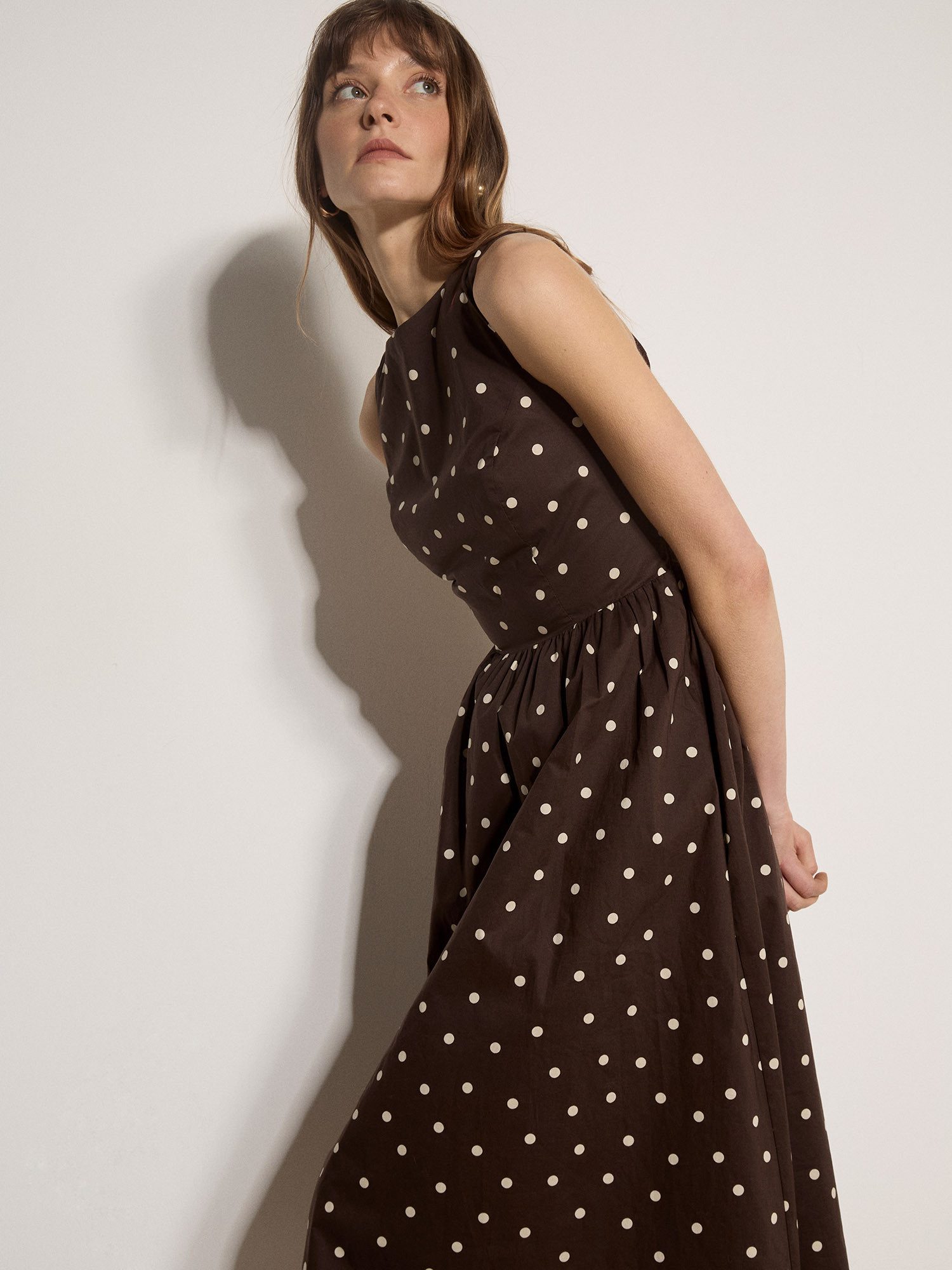 Apricot Midikleid Kleid mit Polka-Dot-Muster mit Schlüssellochausschnitt am Rücken