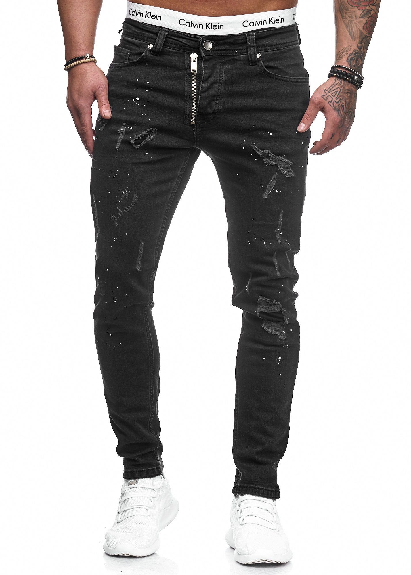 Code47 Slim-fit-Jeans Herren Designer Chino Jeans Hose Basic Stretch Jeanshose Slim Fit Schwarz Risse 5073