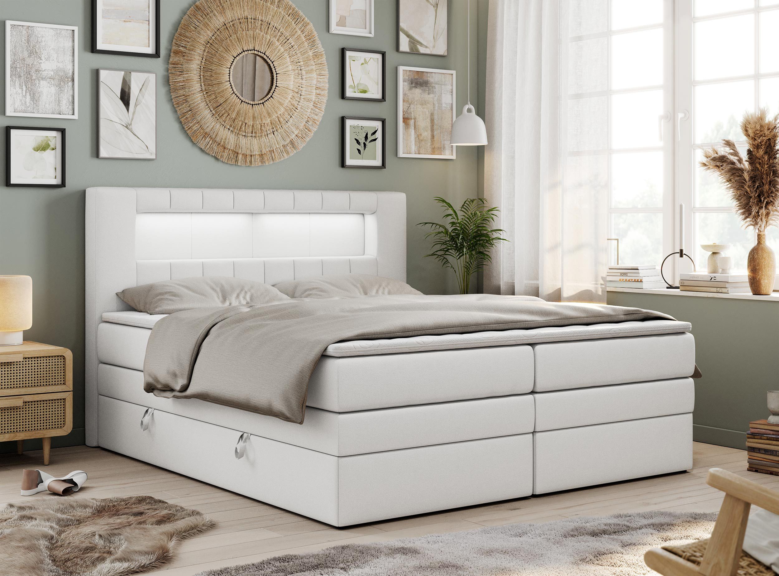 MKS MÖBEL Boxspringbett GOLD 5 KING (T30-Schaum, Topper T25, Doppelbett), Polsterbett mit Bettkasten und fünf Matratzen - Stauraumbett