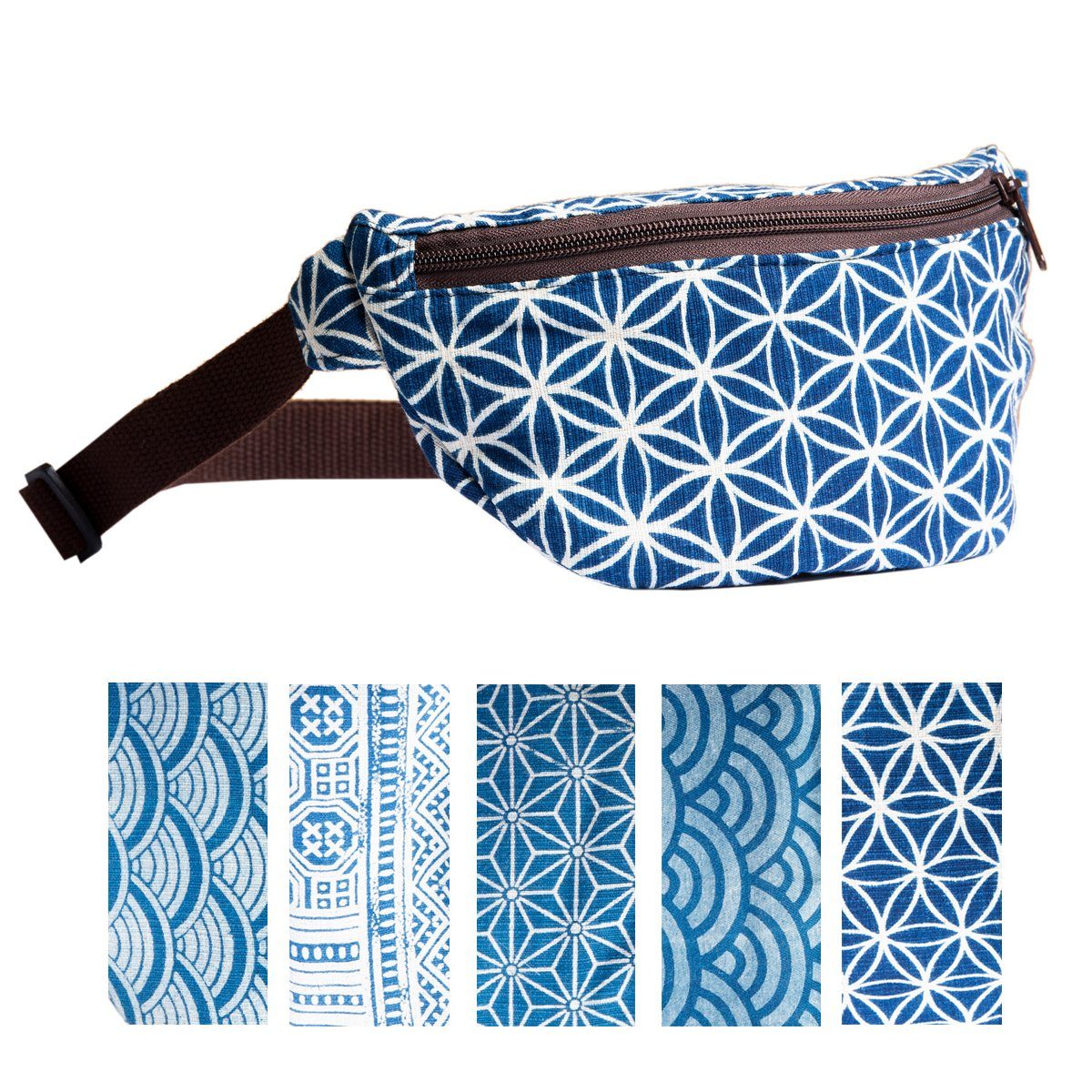 Gürteltasche japanischen mit Mustern PANASIAM Reißverschluss Geometrix azteken aus pattern fester Hüfttasche Bauchtasche bedruckt mit 2 traditionellen, Baumwolle Fächer