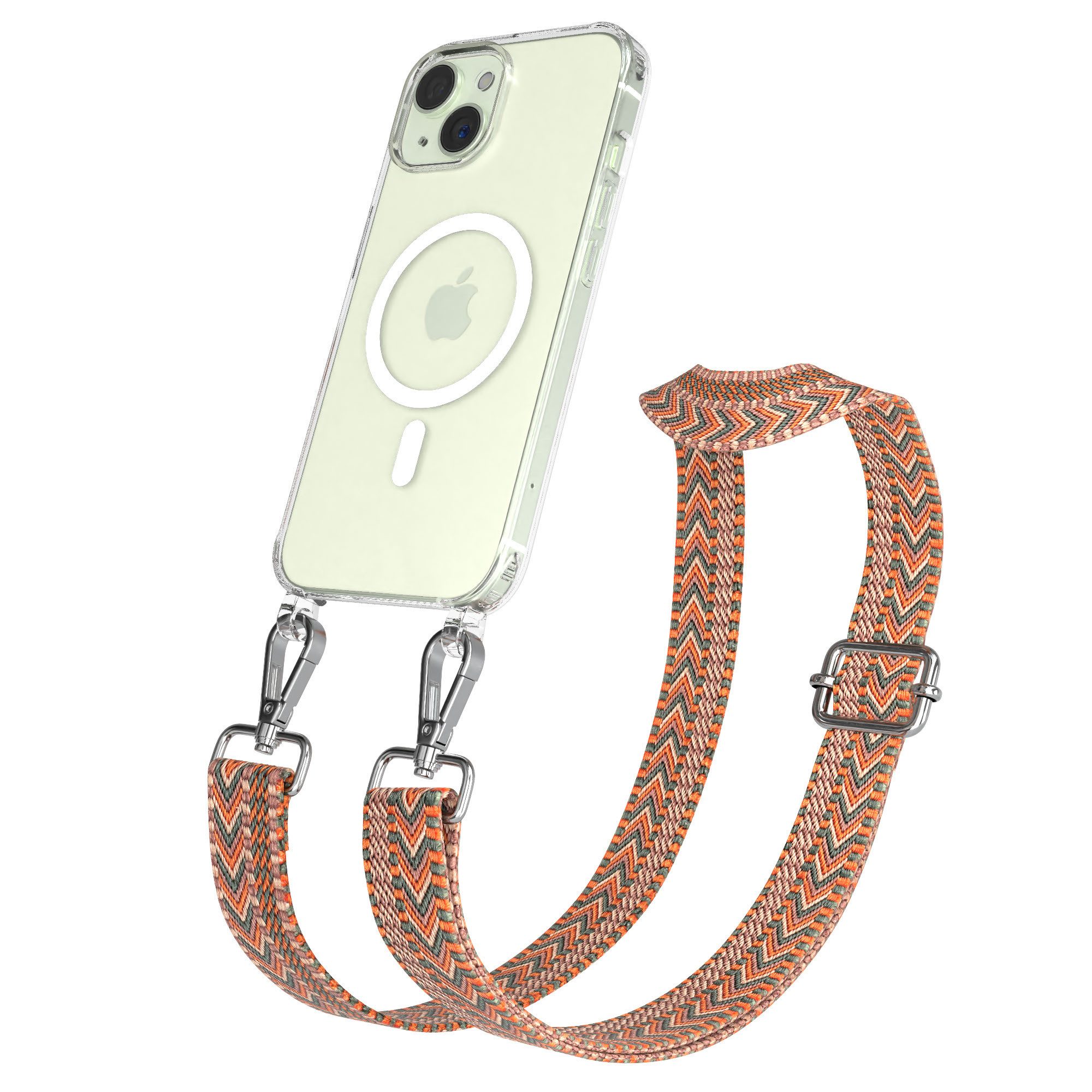EAZY CASE Handykette Umhängeband MagSafe Hülle für Apple iPhone 15 6,1 Zoll, schmaler Gürtel Kordel transparenter Silikonhülle Umhängetasche Orange